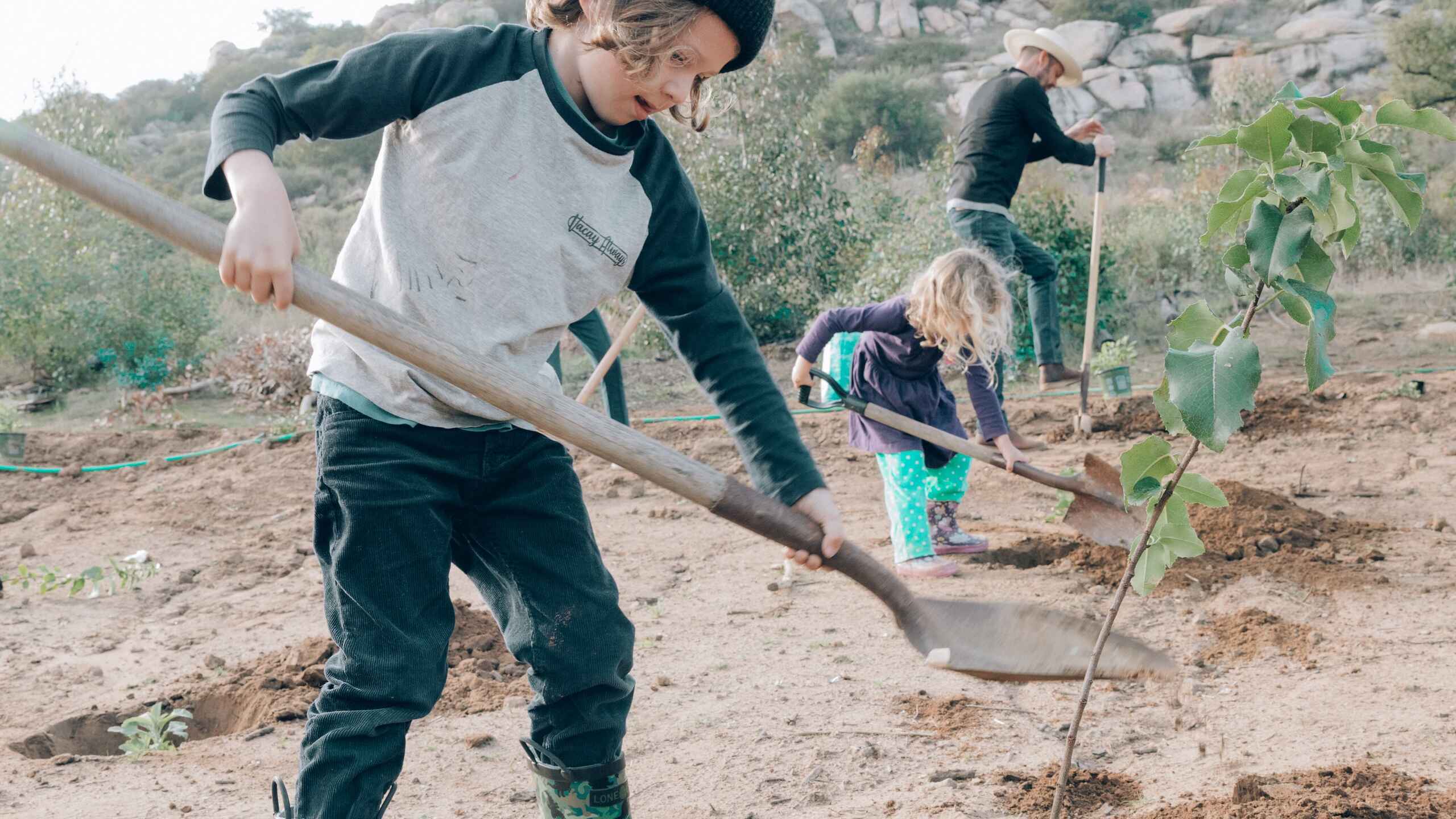 Children digging and planting trees together in a community garden project