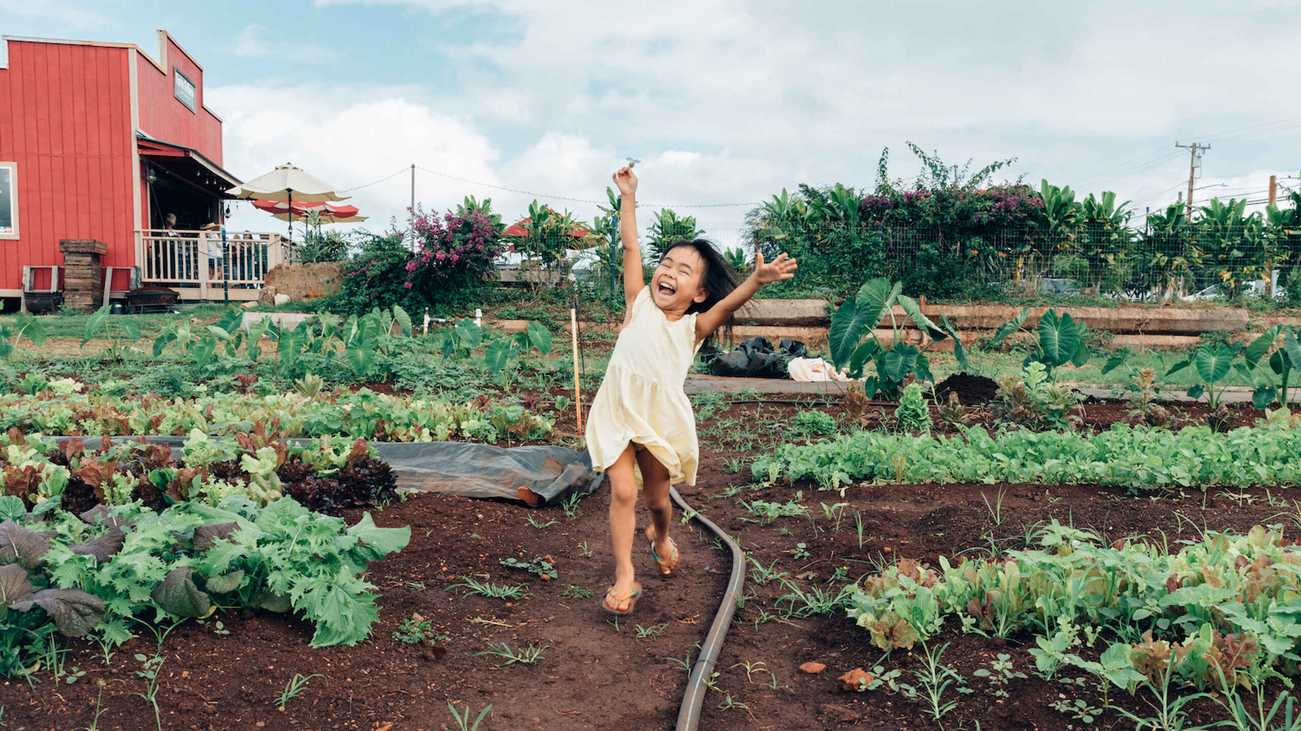 Child joyfully running through a vegetable garden with a red farmhouse in the background