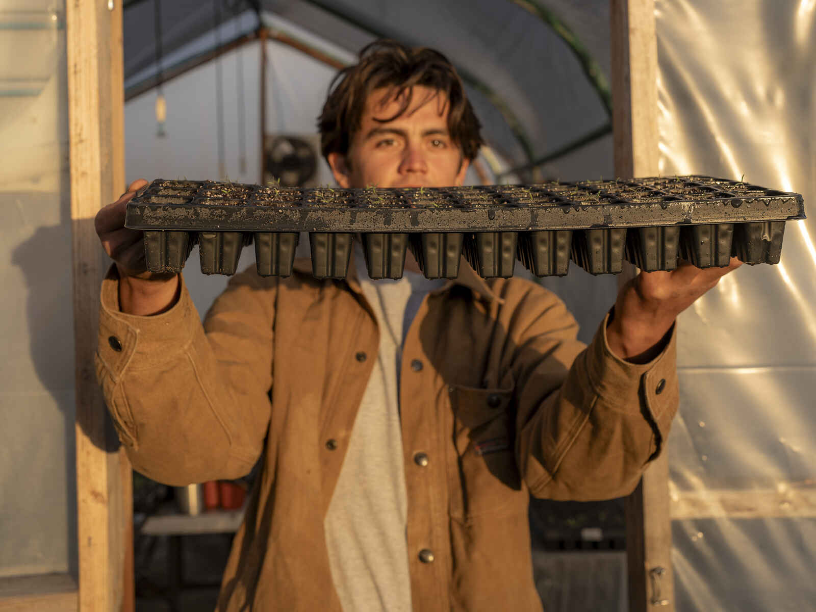 A farmer holds a seed tray demonstrating sustainable agriculture practices in a greenhouse