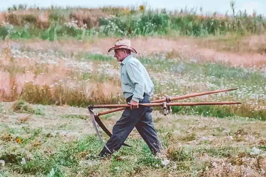 Farmer carrying a large plow across a field of exposed soil and sparse vegetation