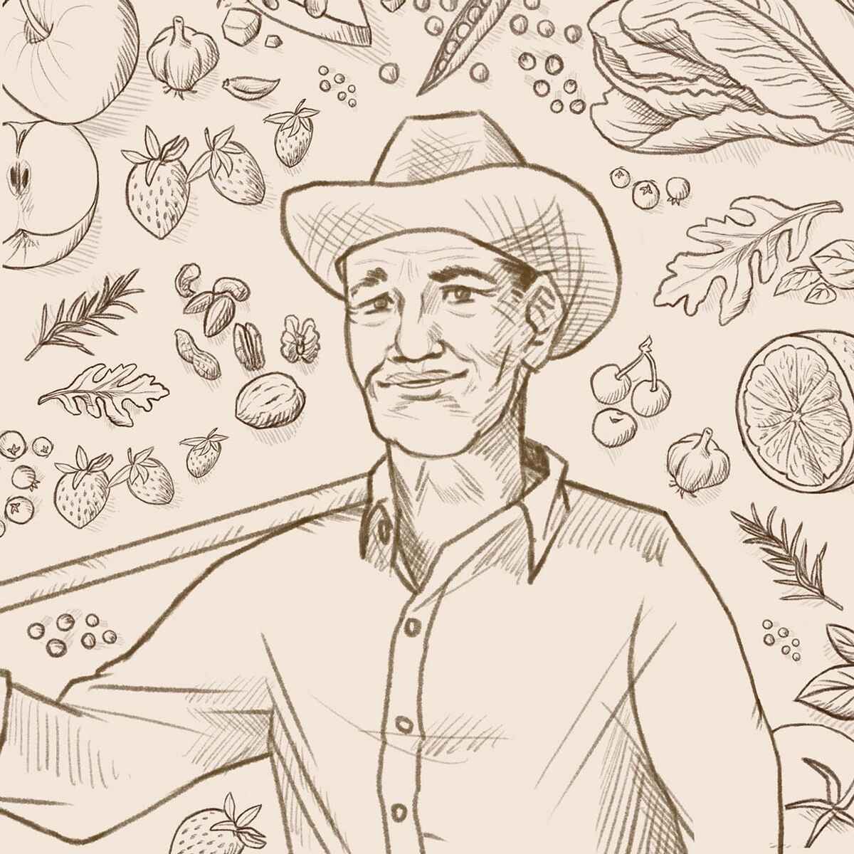 Farmer in a cowboy hat surrounded by illustrated vegetables, fruits, and herbs representing agricultural produce