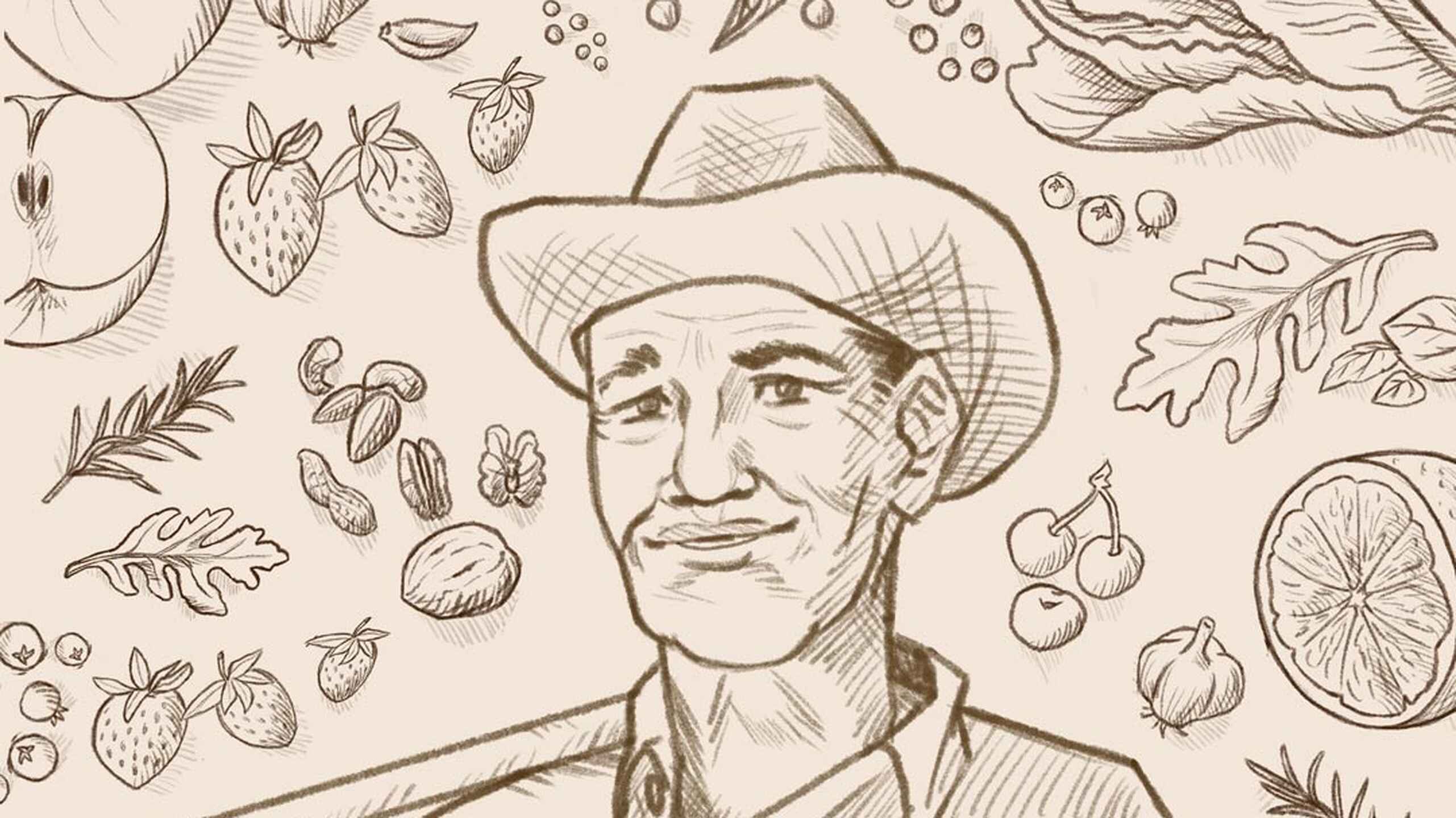 Farmer in a cowboy hat surrounded by illustrated vegetables, fruits, and herbs representing agricultural produce