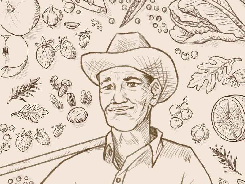 Agricultor con sombrero vaquero rodeado de ilustraciones de verduras, frutas y hierbas que representan productos agr&iacute;colas