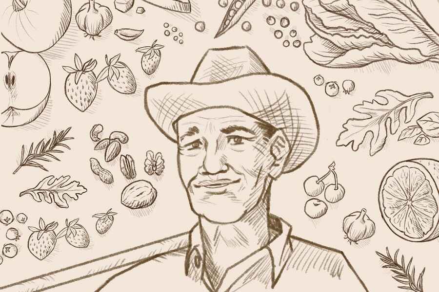 Farmer in a cowboy hat surrounded by illustrated vegetables, fruits, and herbs representing agricultural produce