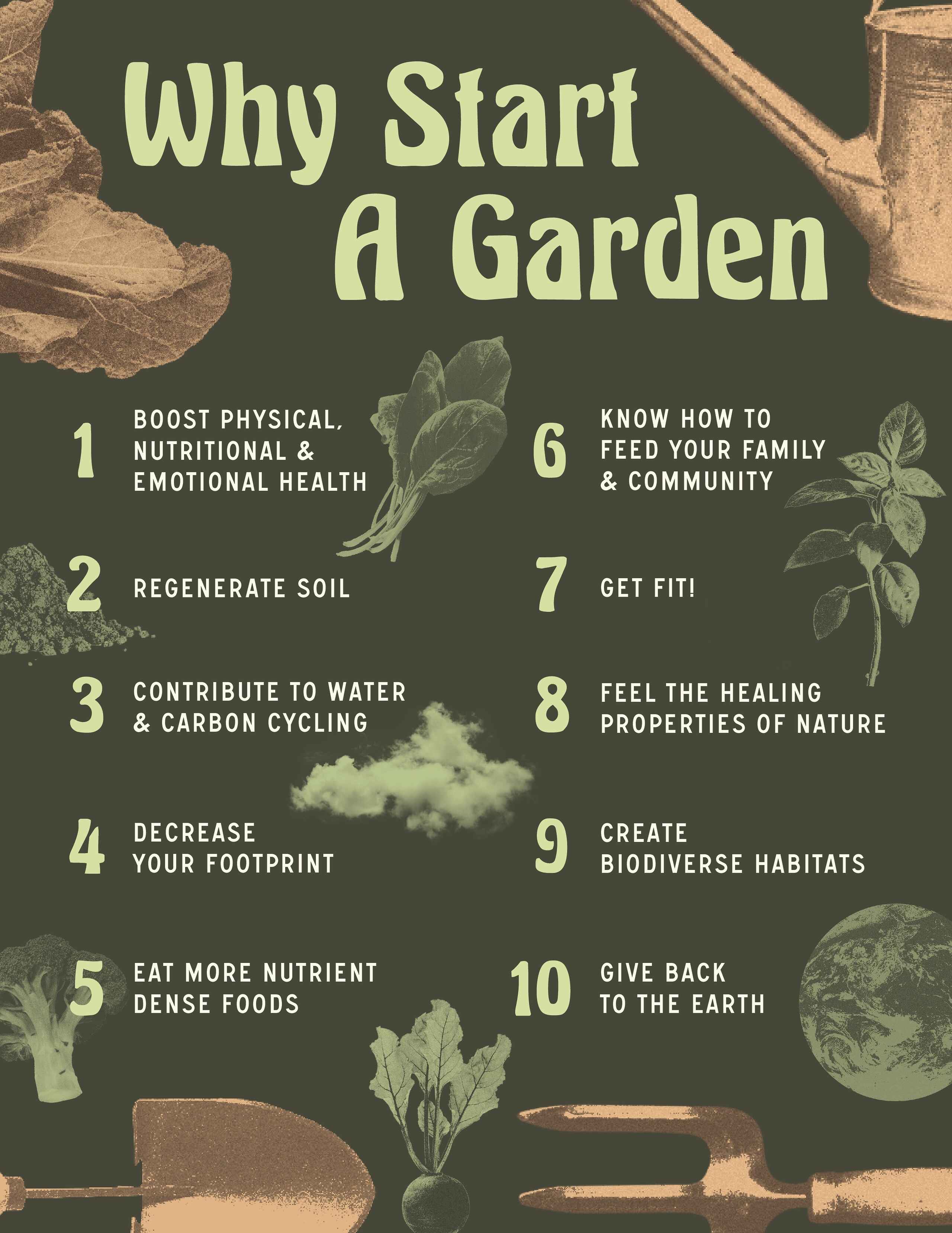 Ten reasons to start a garden, including improved health, soil regeneration, water conservation, reduced environmental footprint, nutrient-dense foods, food security knowledge, fitness, mental wellness, habitat creation, and environmental stewardship.