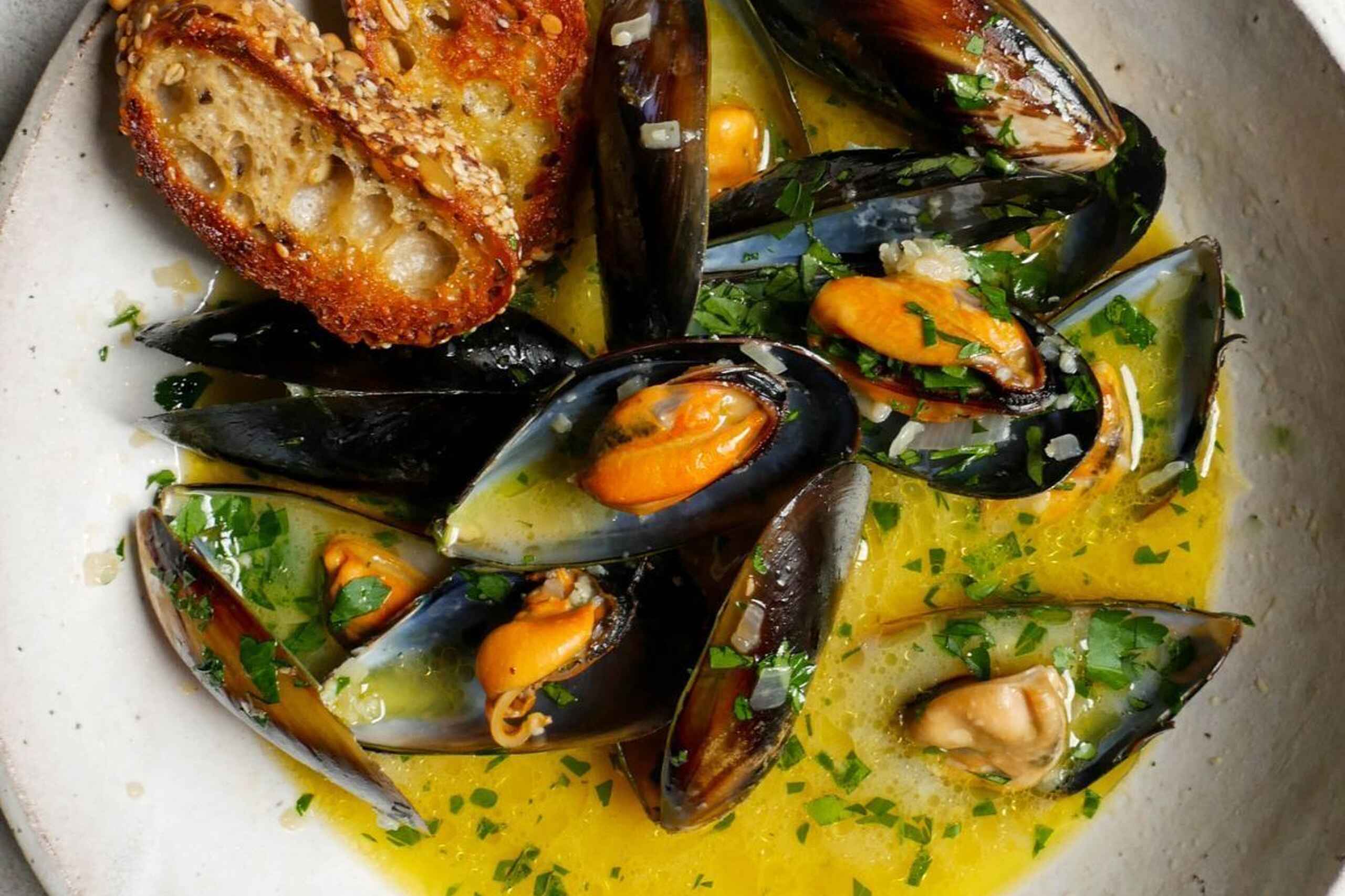 Steamed mussels in saffron broth with charred bread on a white plate