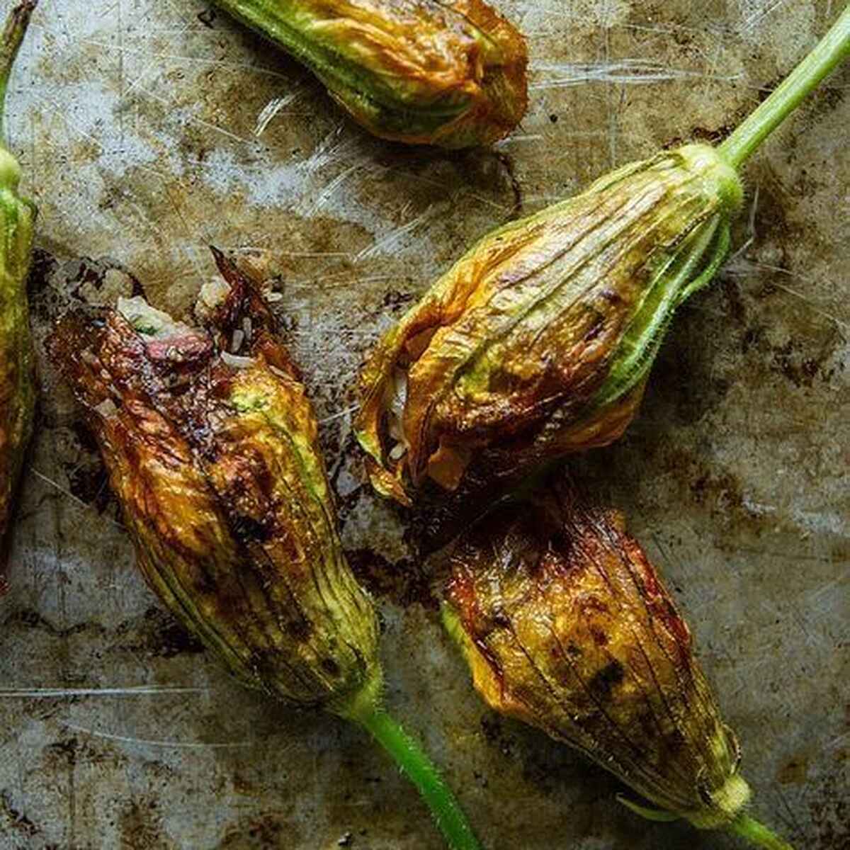 Pan fried squash blossoms with golden-brown petals on a rustic metal surface