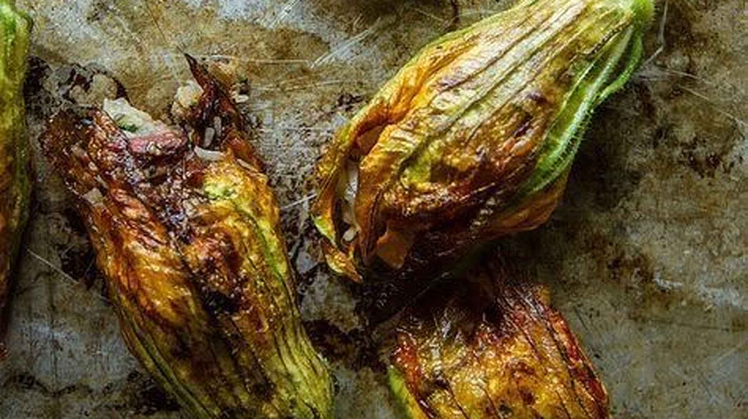 Flores de calabaza salteadas con p&eacute;talos dorados en una superficie met&aacute;lica r&uacute;stica