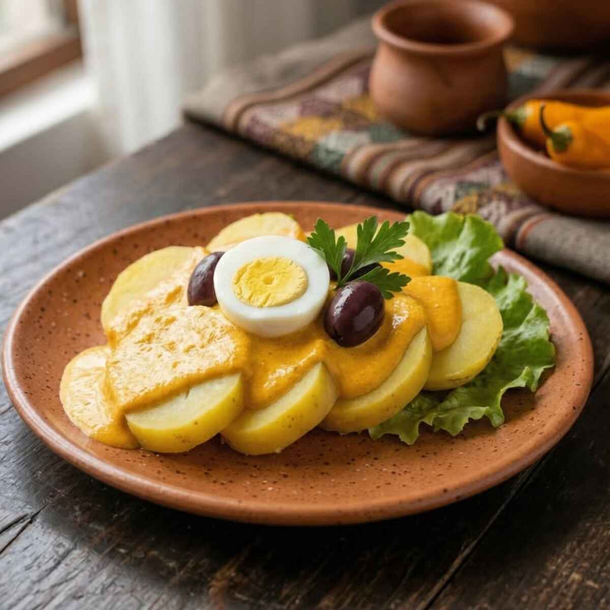 Papa a la Huaca&iacute;na served on a terra cotta plate with boiled potatoes, hard-boiled egg slices, olives, lettuce, and creamy yellow sauce