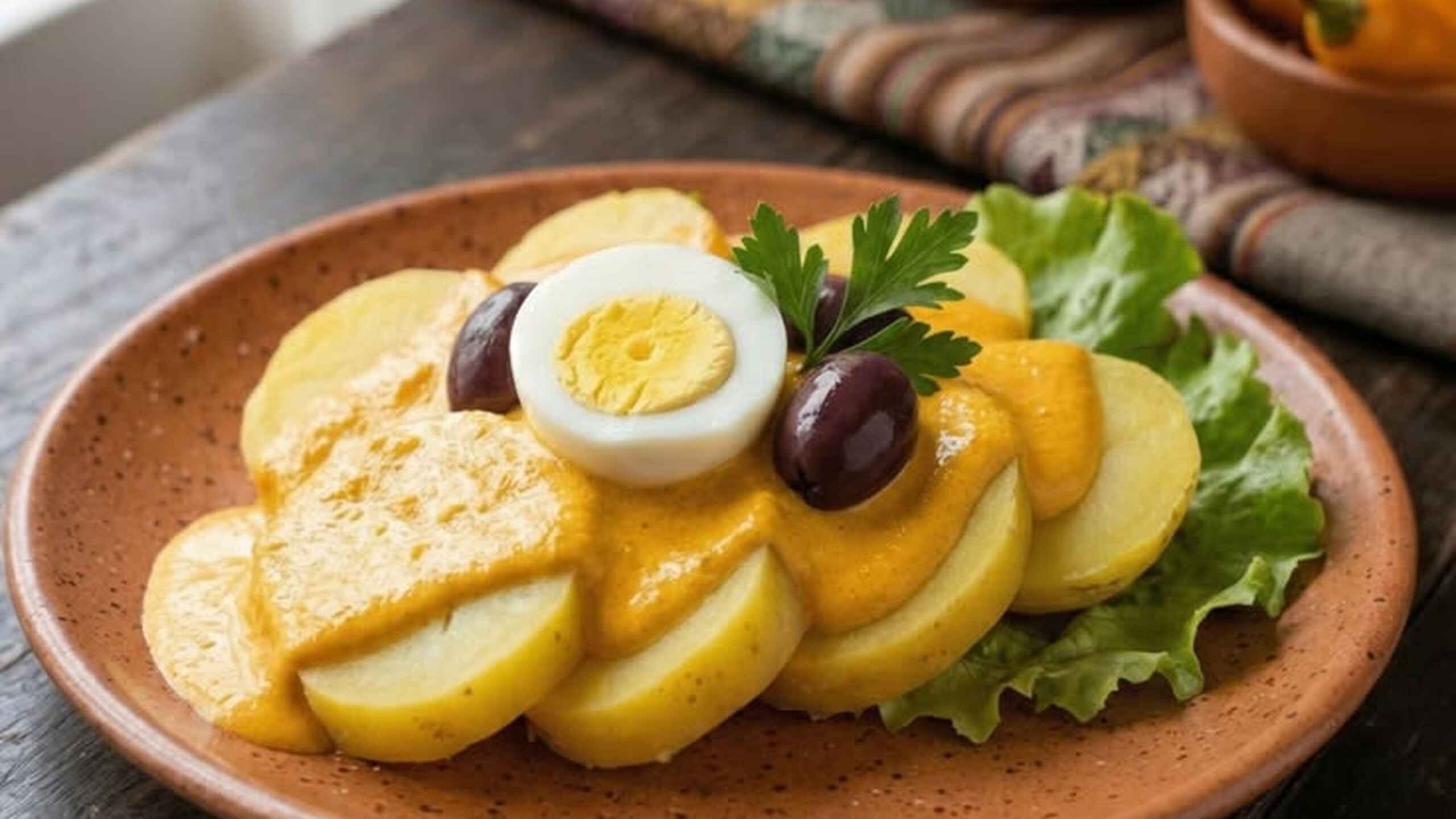 Papa a la Huaca&iacute;na served on a terra cotta plate with boiled potatoes, hard-boiled egg slices, olives, lettuce, and creamy yellow sauce