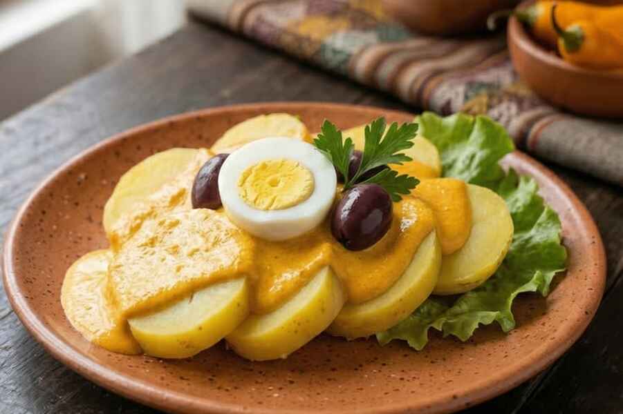 Papa a la Huaca&iacute;na served on a terra cotta plate with boiled potatoes, hard-boiled egg slices, olives, lettuce, and creamy yellow sauce