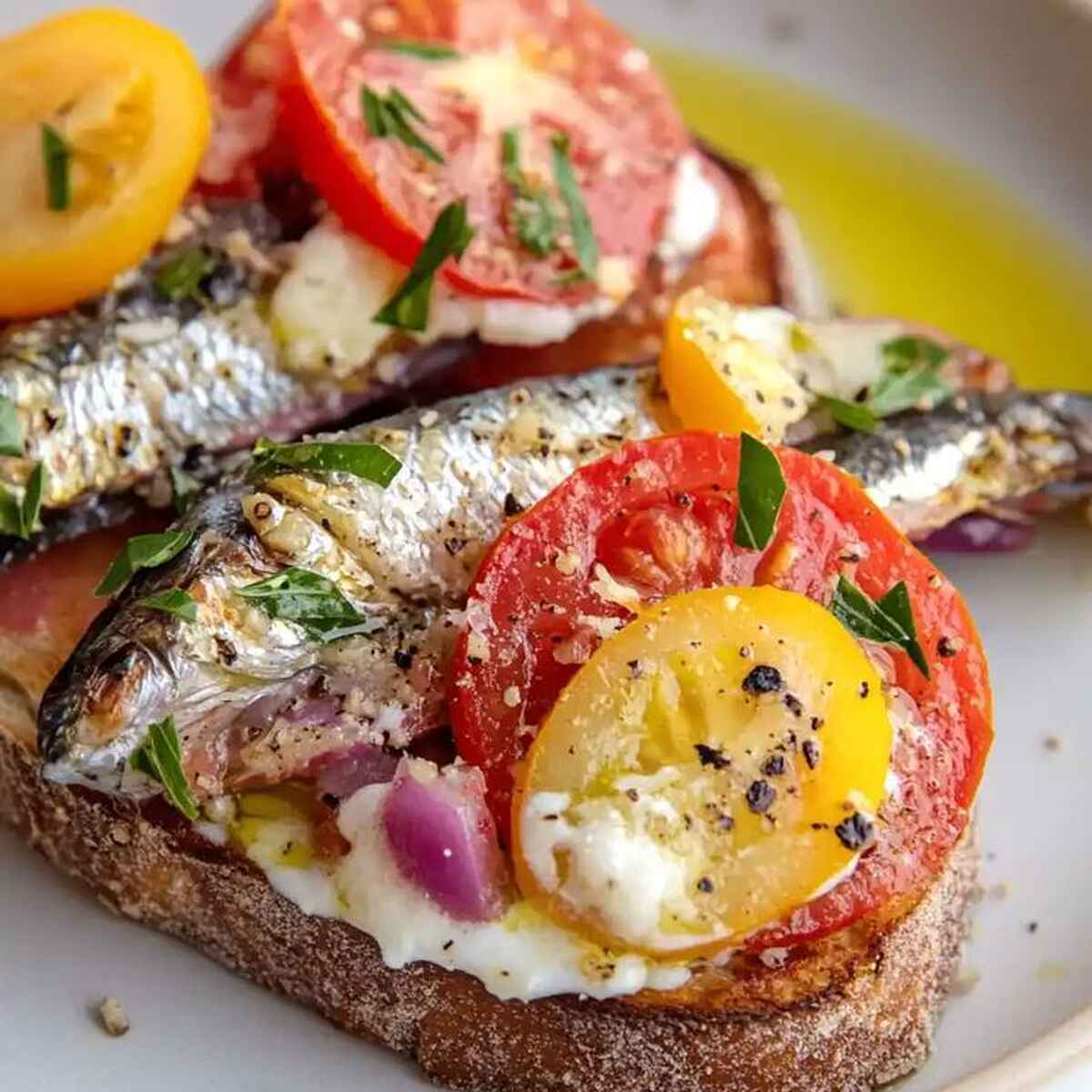 Sardines on toast topped with sliced tomatoes, yellow peppers, red onions, fresh chives, and creamy spread, drizzled with olive oil