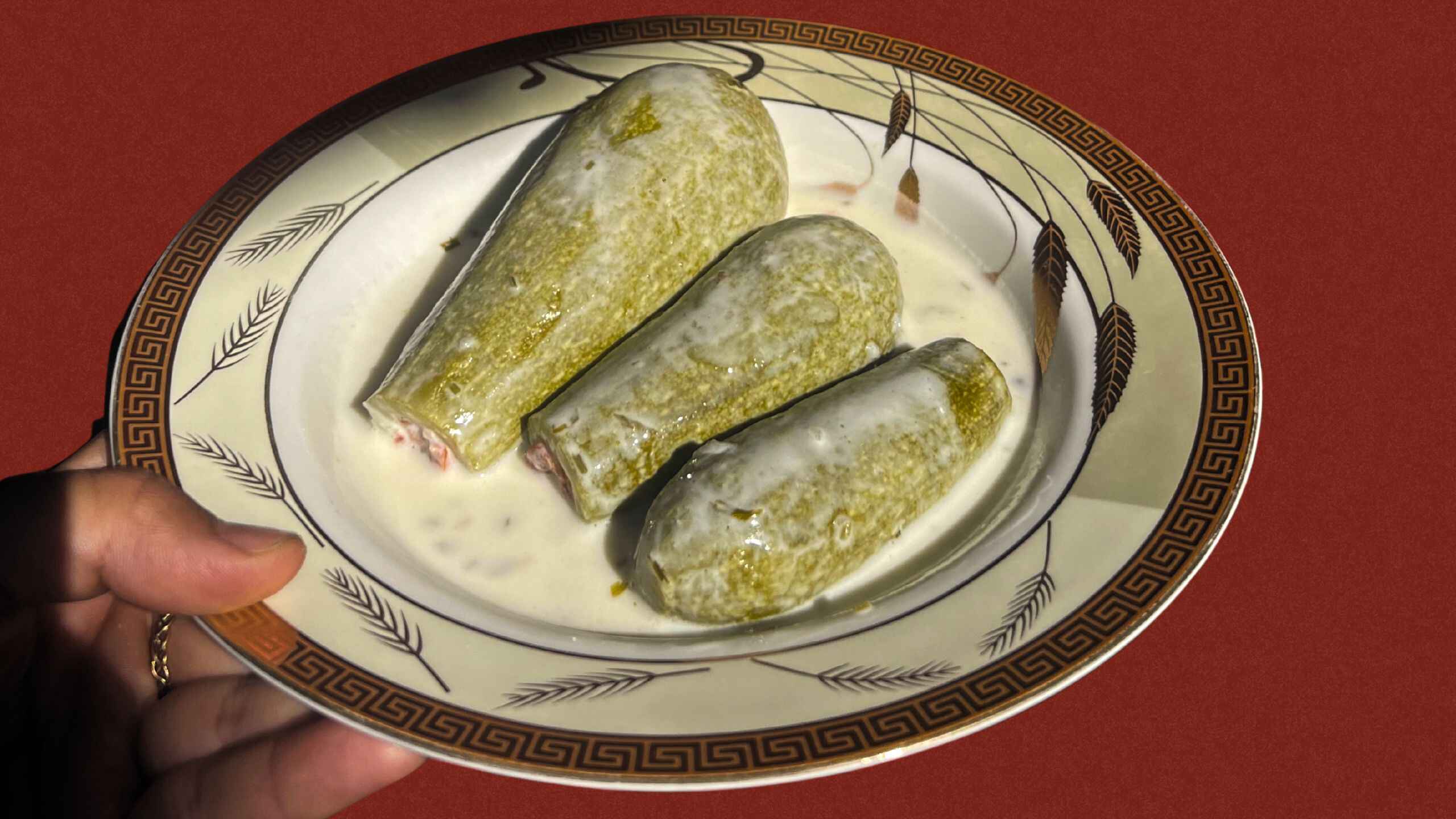 Three dolmas filled with herbs and rice served in a creamy yogurt sauce on a decorative plate