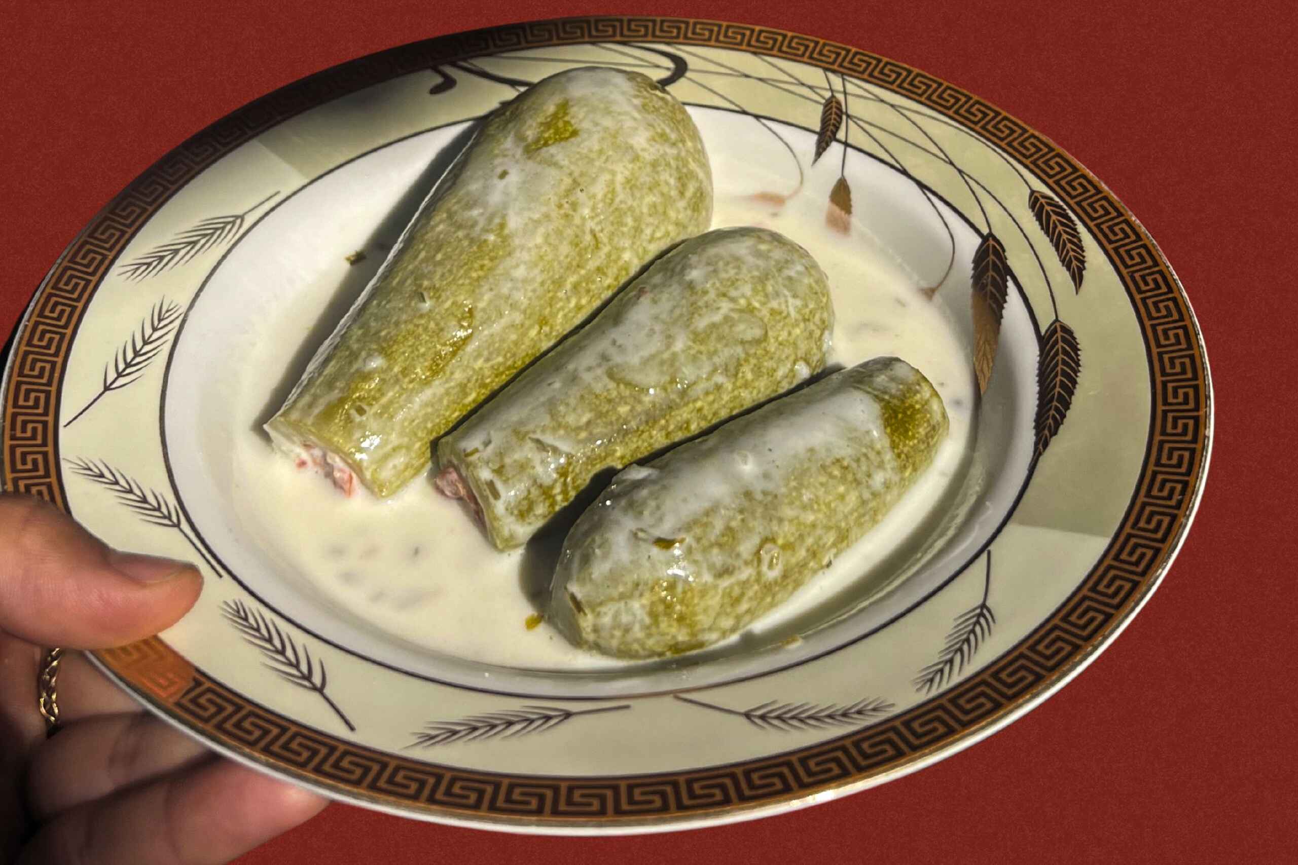 Three dolmas filled with herbs and rice served in a creamy yogurt sauce on a decorative plate