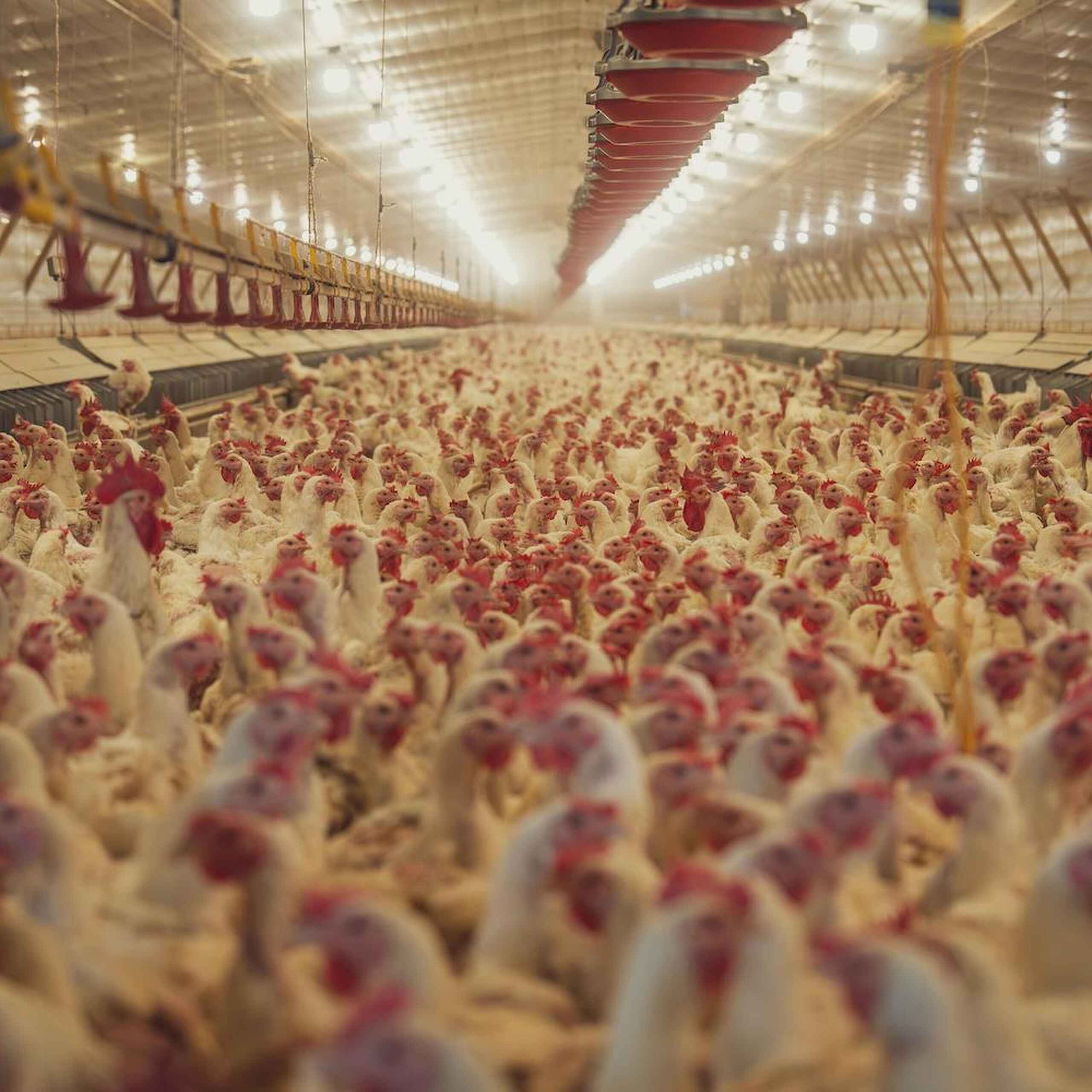 Thousands of chickens densely packed inside an industrial poultry farm facility with red heating lamps overhead
