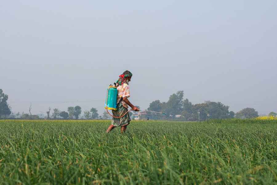 Farmer spraying pesticides across a green crop field