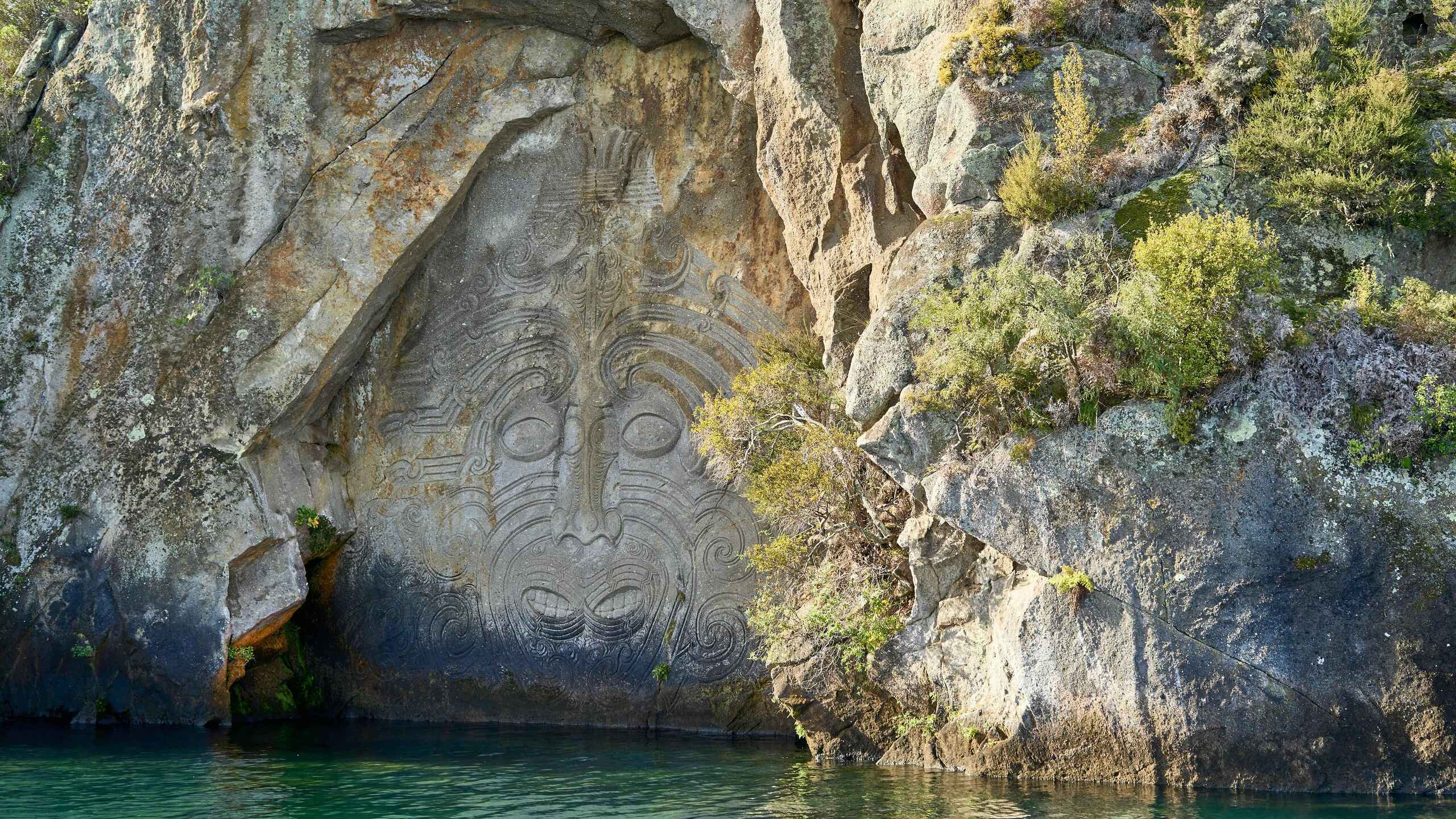Maori carving of a face with intricate spiral patterns on a rock face above water