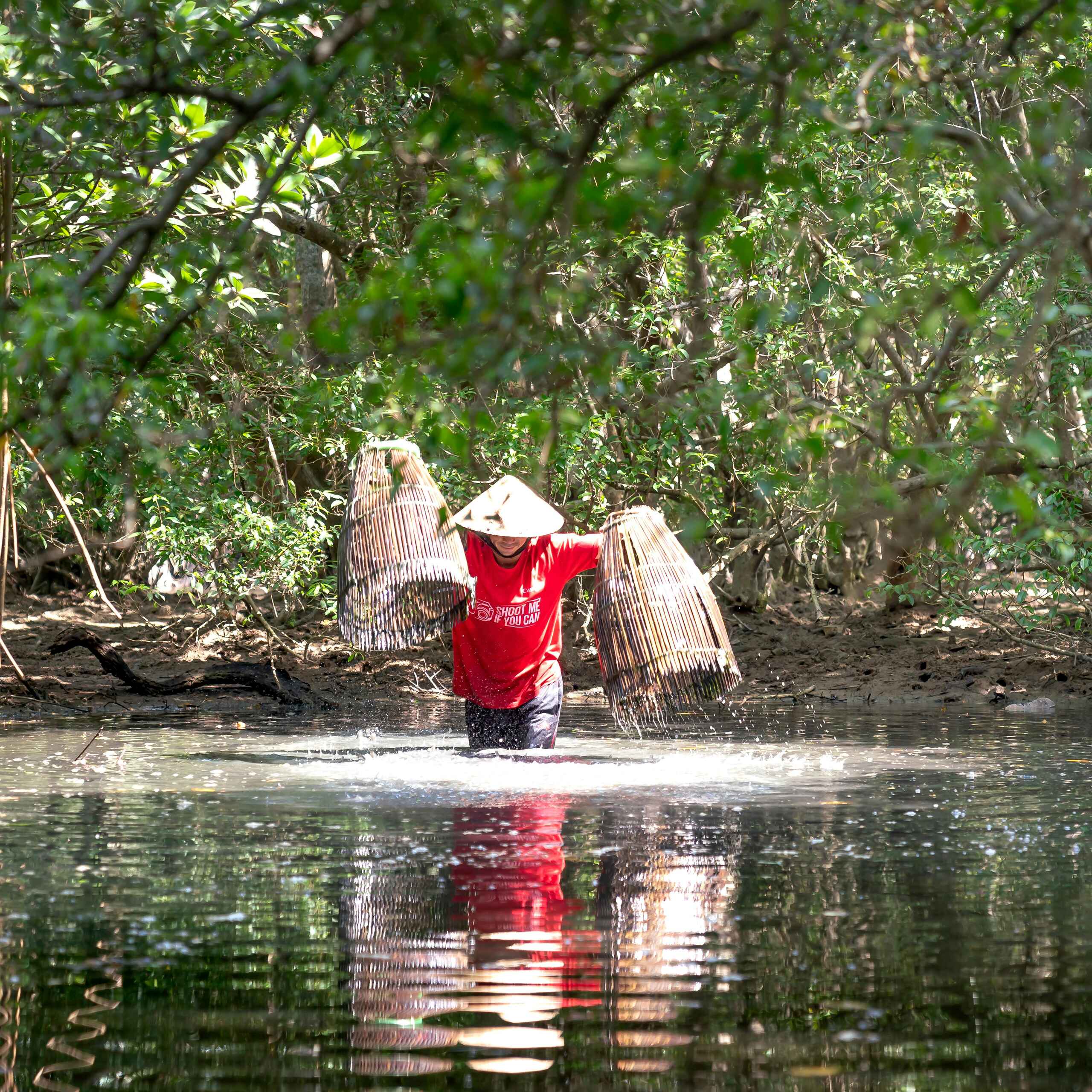 Indigenous person fishing in a mangrove waterway using traditional methods