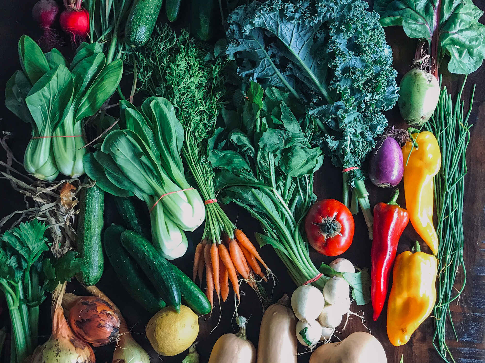 Fresh produce arranged on a dark surface including leafy greens, root vegetables, peppers, tomatoes, and squash