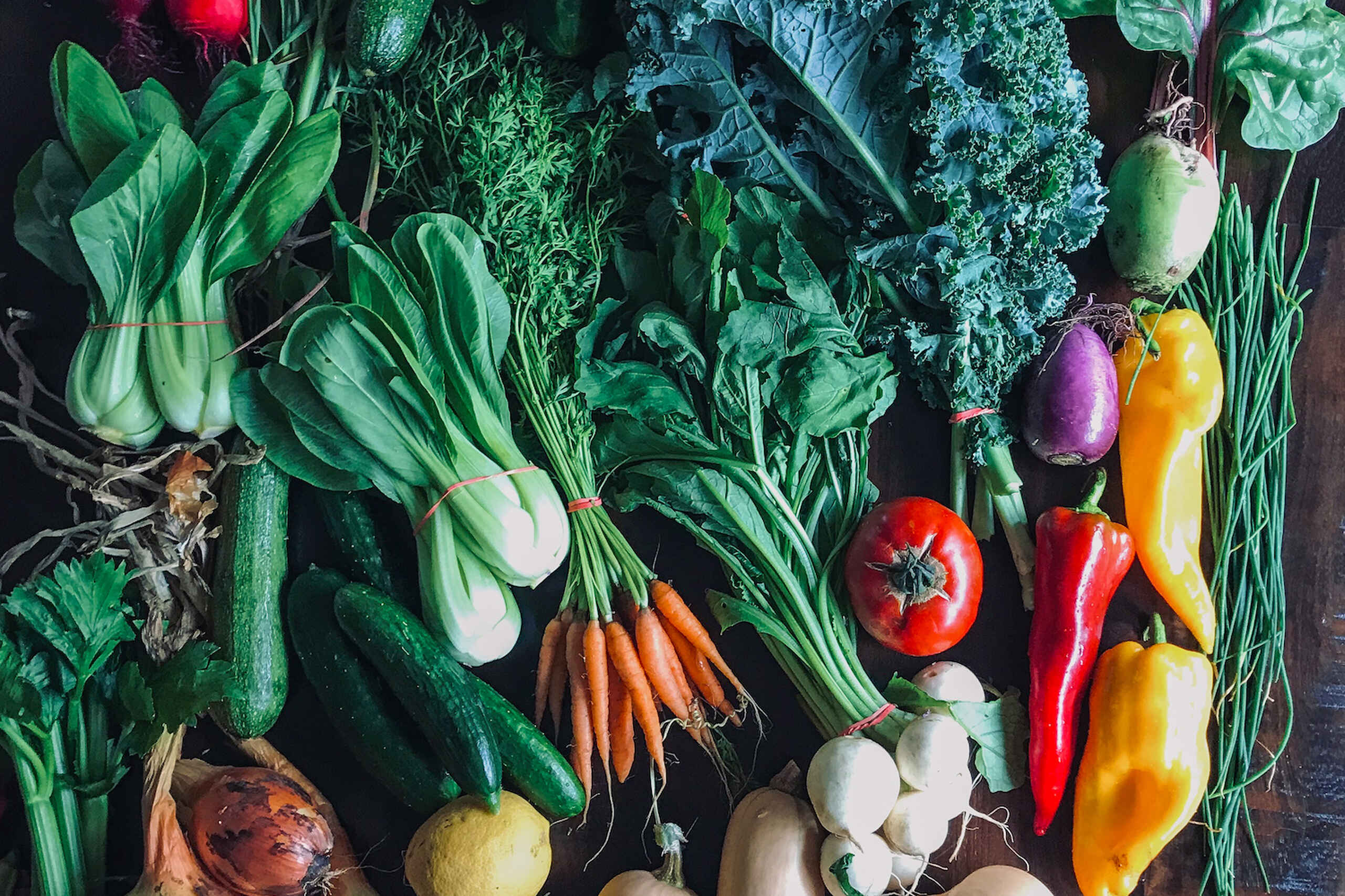 Fresh produce arranged on a dark surface including leafy greens, root vegetables, peppers, tomatoes, and squash