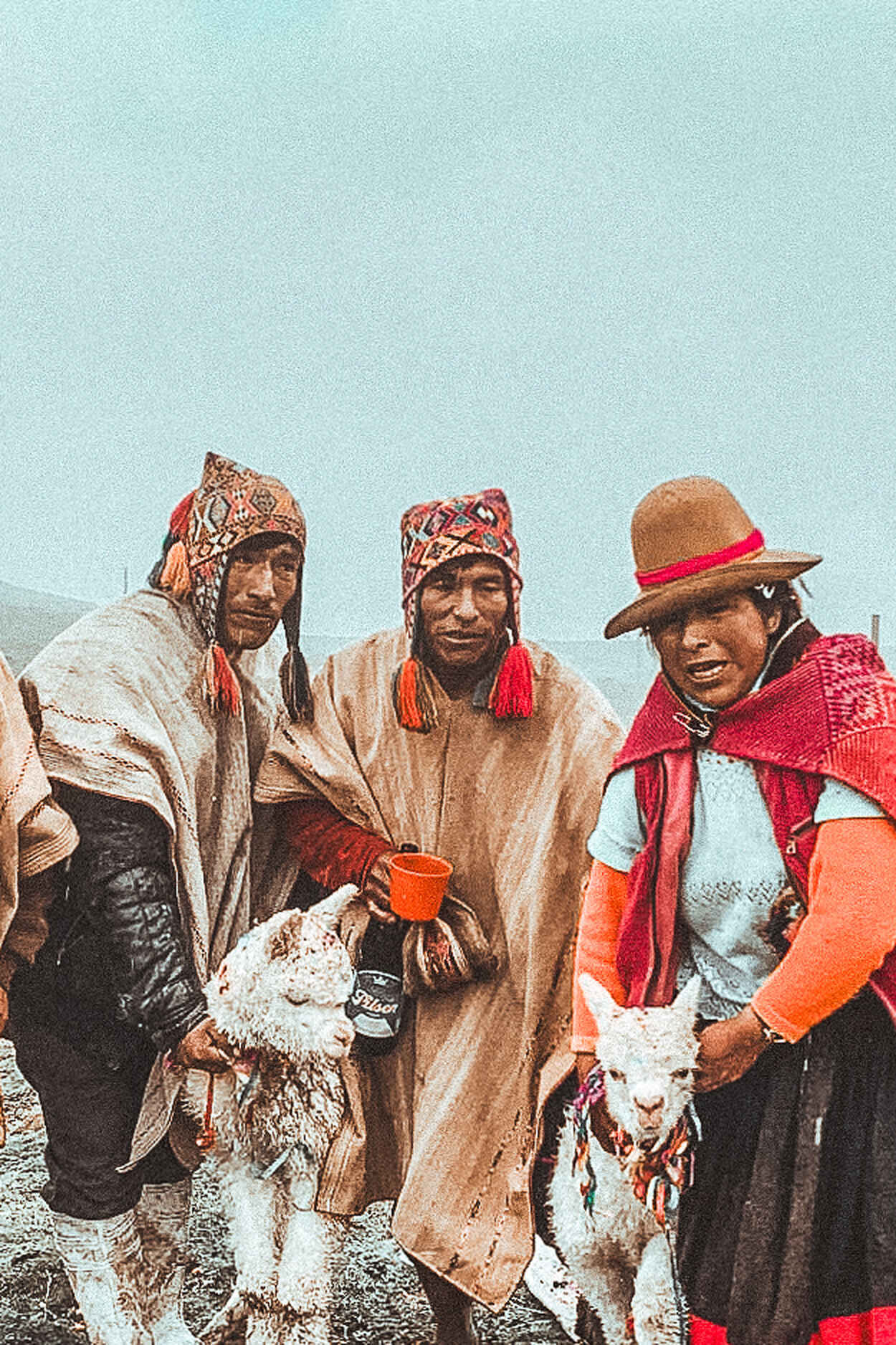 Indigenous Andean community members wearing traditional clothing and holding llamas