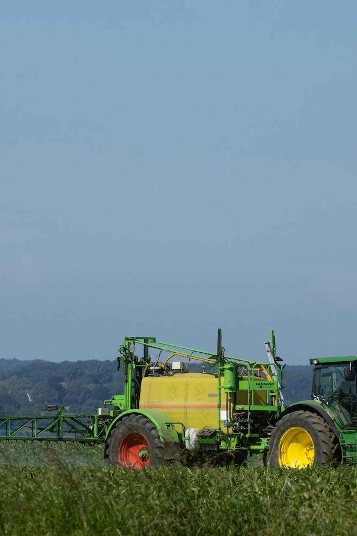Green tractor spraying pesticides across a corn field with a trailing spray boom