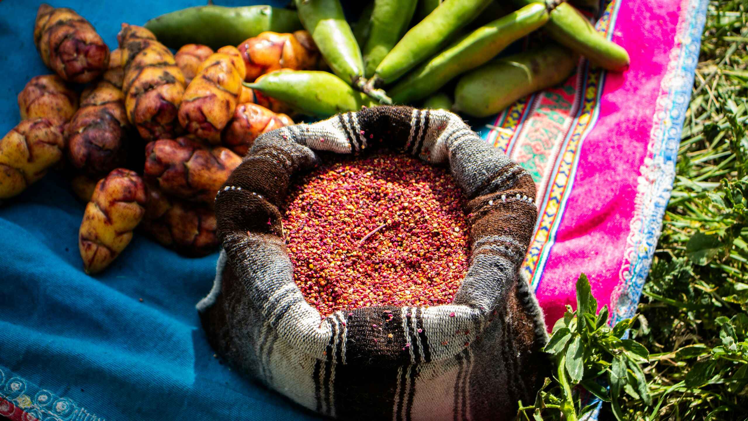 Quinoa seeds in a traditional cloth with fresh produce and herbs displayed on colorful woven textiles