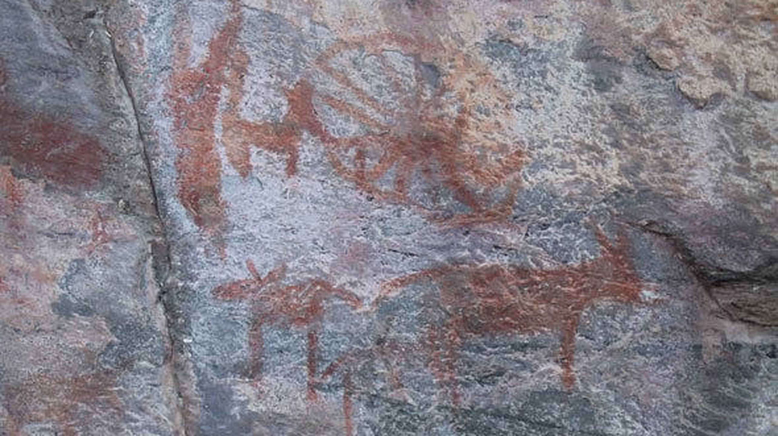 Ancient rock art depicting human and animal figures in red ochre on a stone surface
