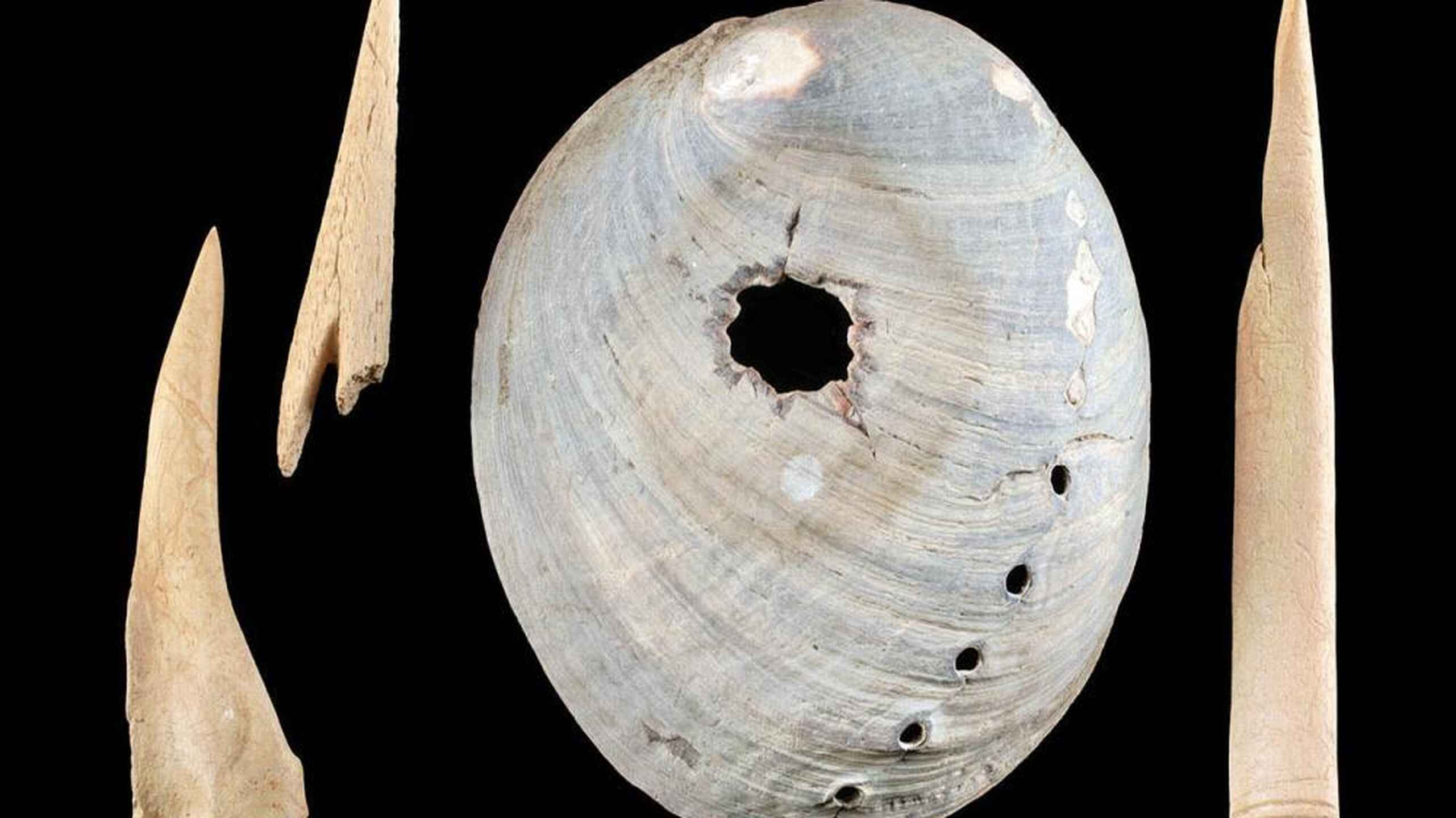 Ancient bone and shell tools including piercing needles, an awl, and a perforated shell disk from Santa Barbara