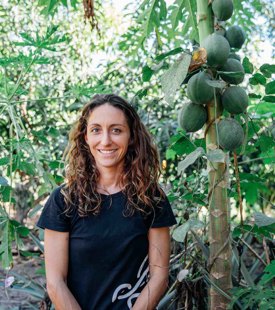 Amanda Harris stands among mango trees in an orchard