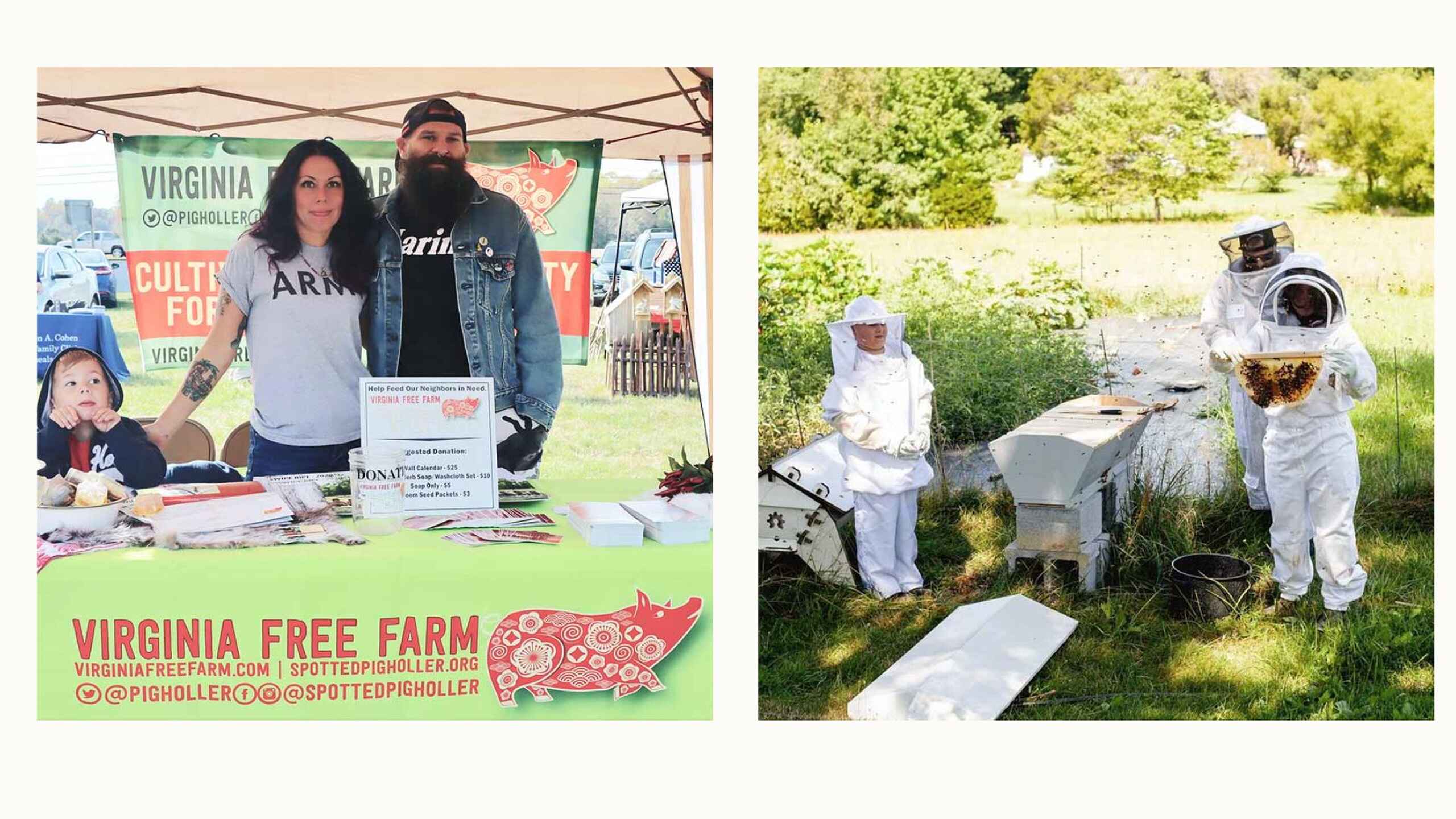 Virginia Free Farm representatives and beekeepers demonstrate beekeeping practices at a community event and in an apiary