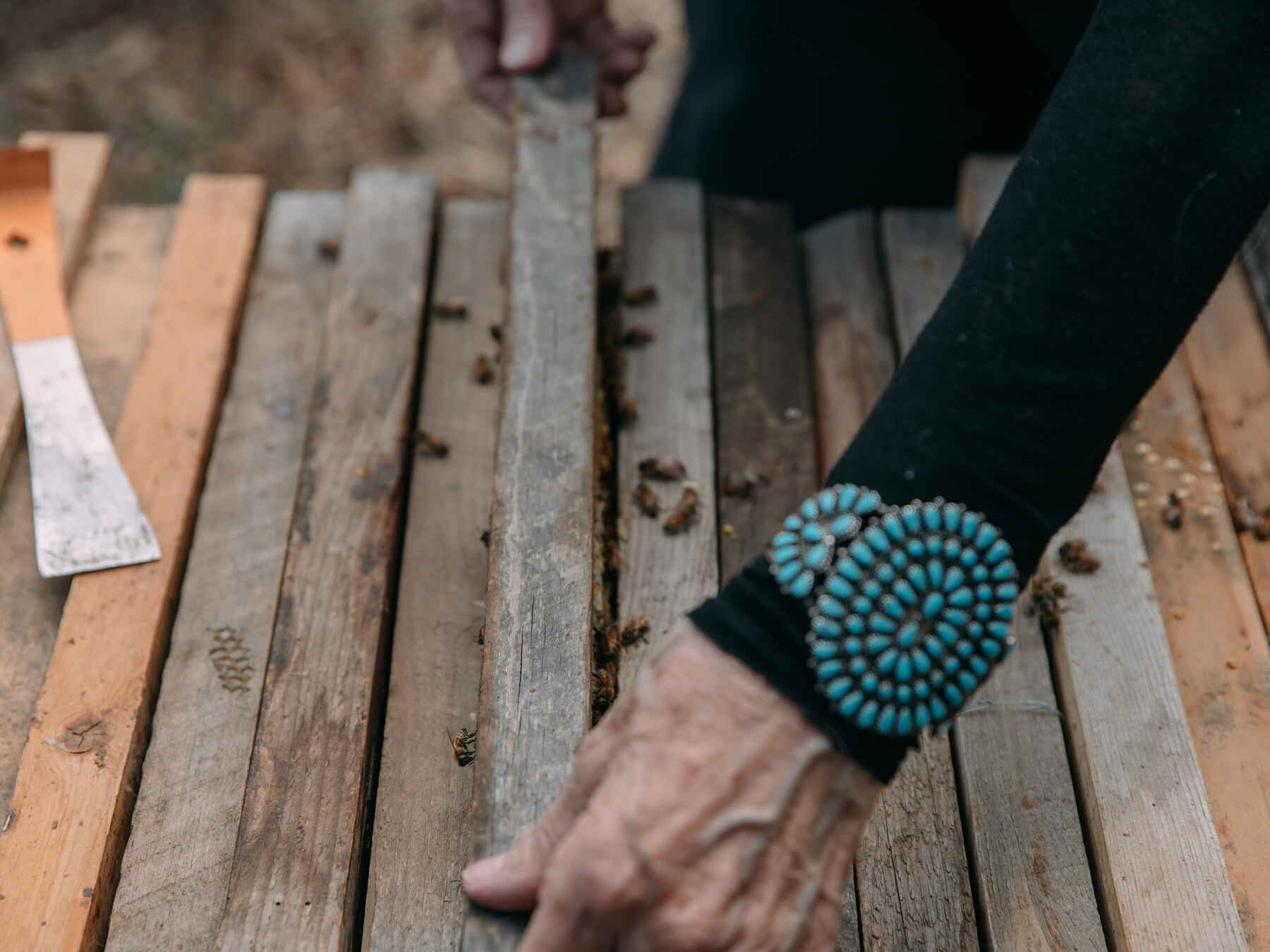 Beekeeper wearing a turquoise beaded bracelet stands on wooden planks near an active beehive