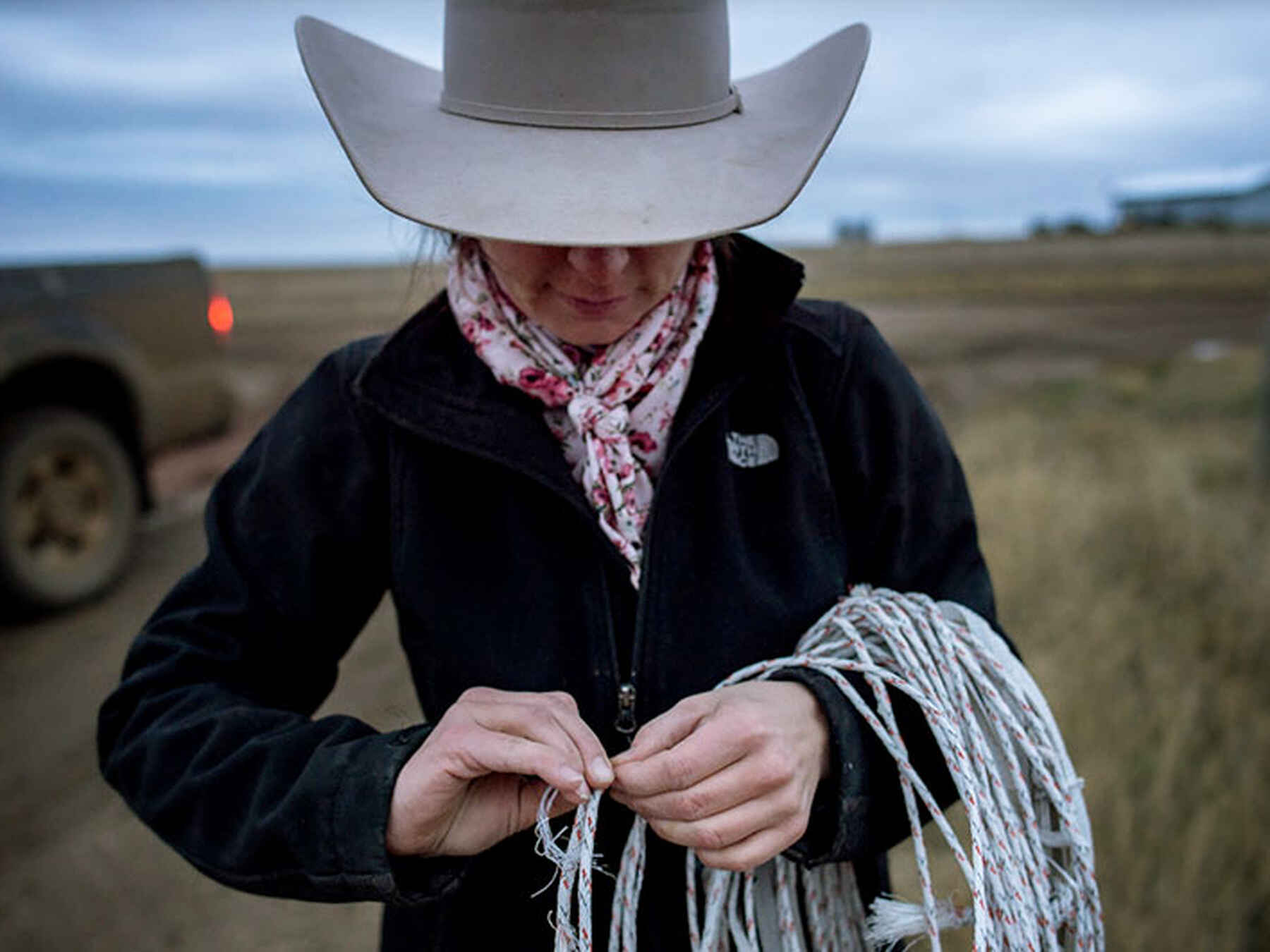 Kelsey Ducheneaux working with rope on her ranch in South Dakota