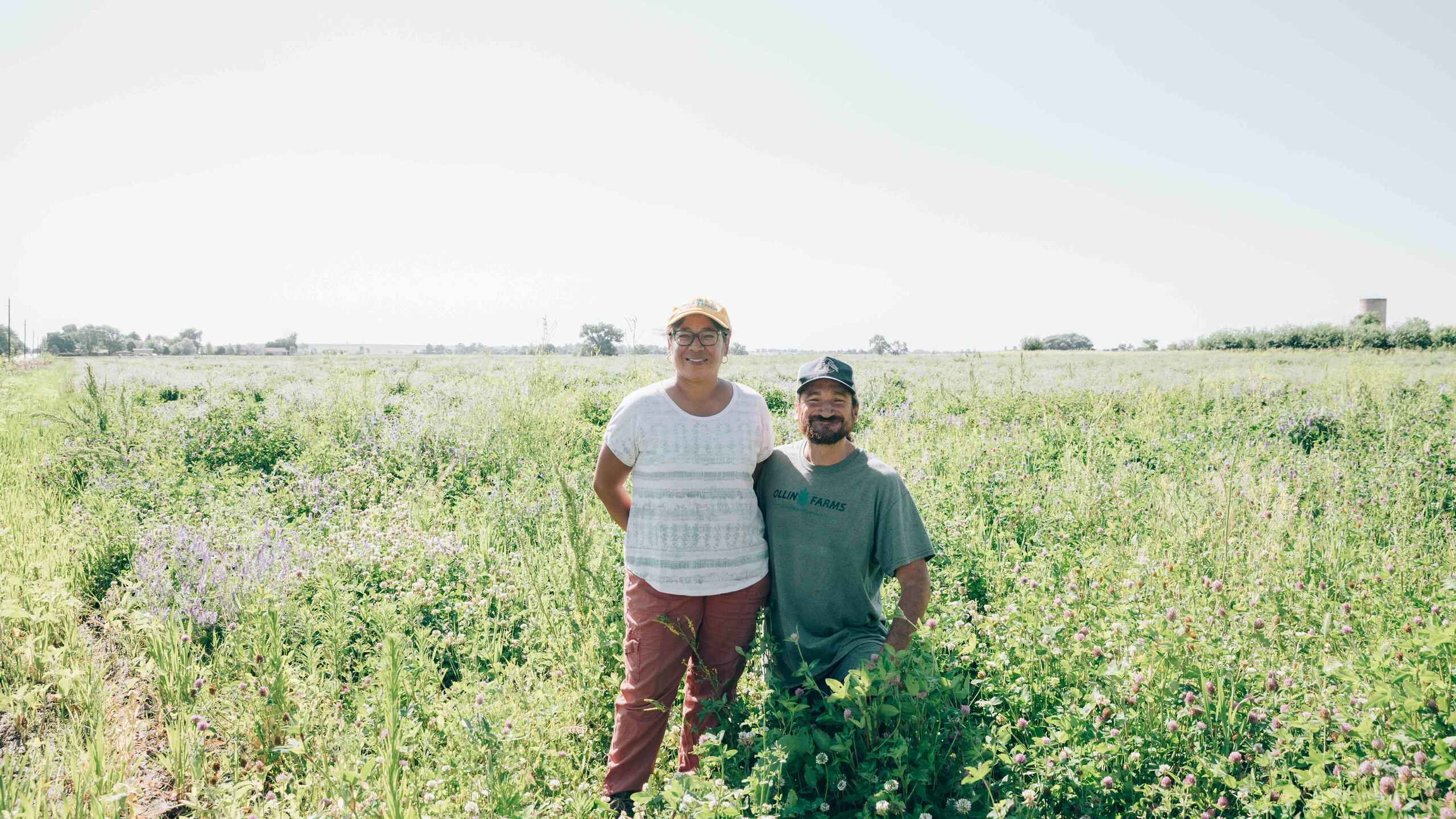 Two farmers stand in a diverse cover crop field in the Texas Panhandle