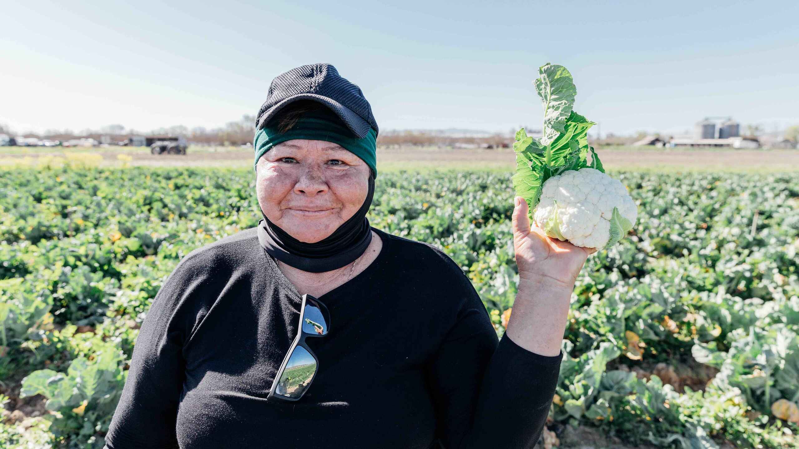 Maria Catal&aacute;n holds a freshly harvested head of lettuce in her vegetable field