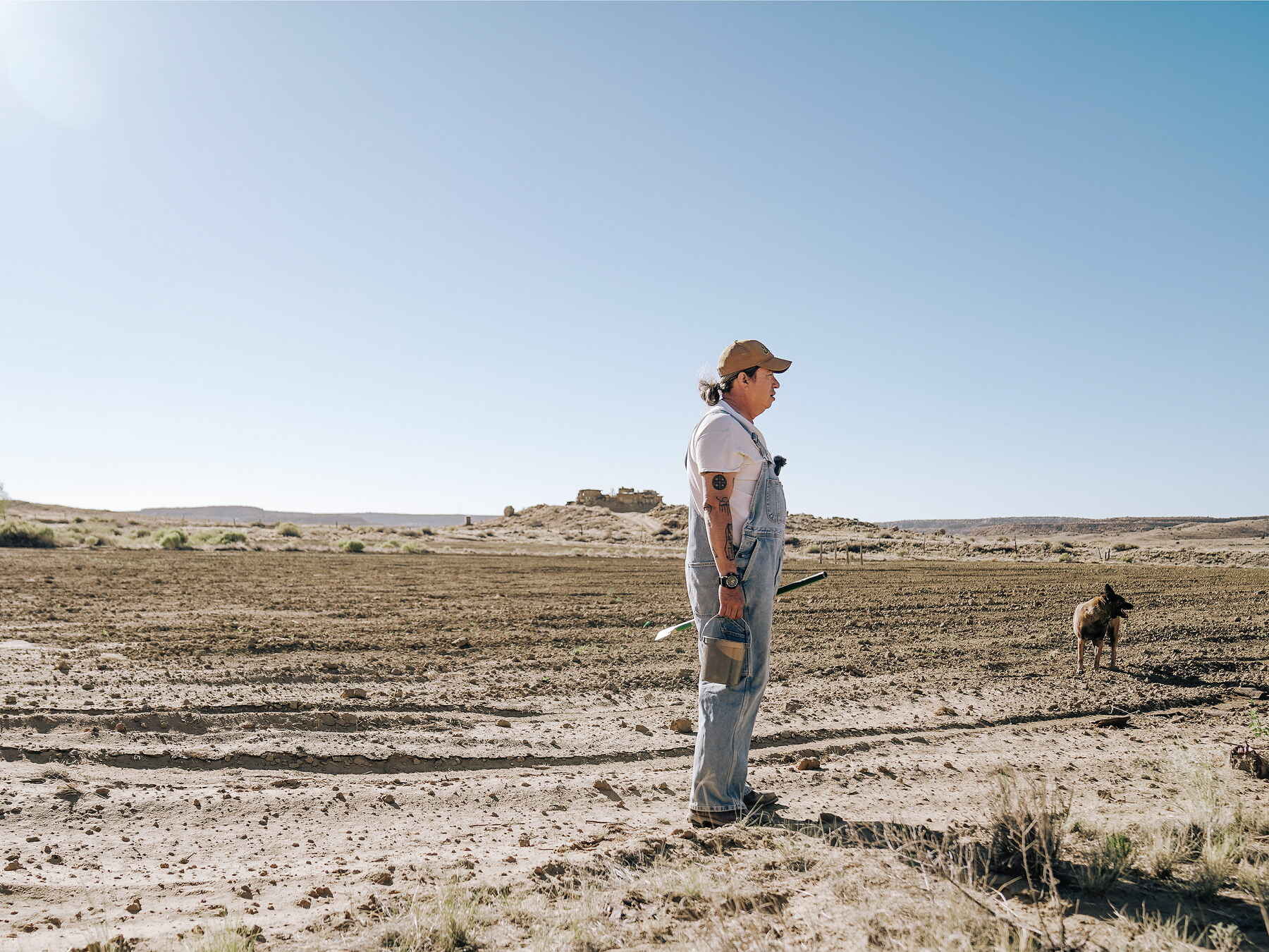 Dr. Michael Kotutwa Johnson stands in an arid field while observing wildlife in the distance