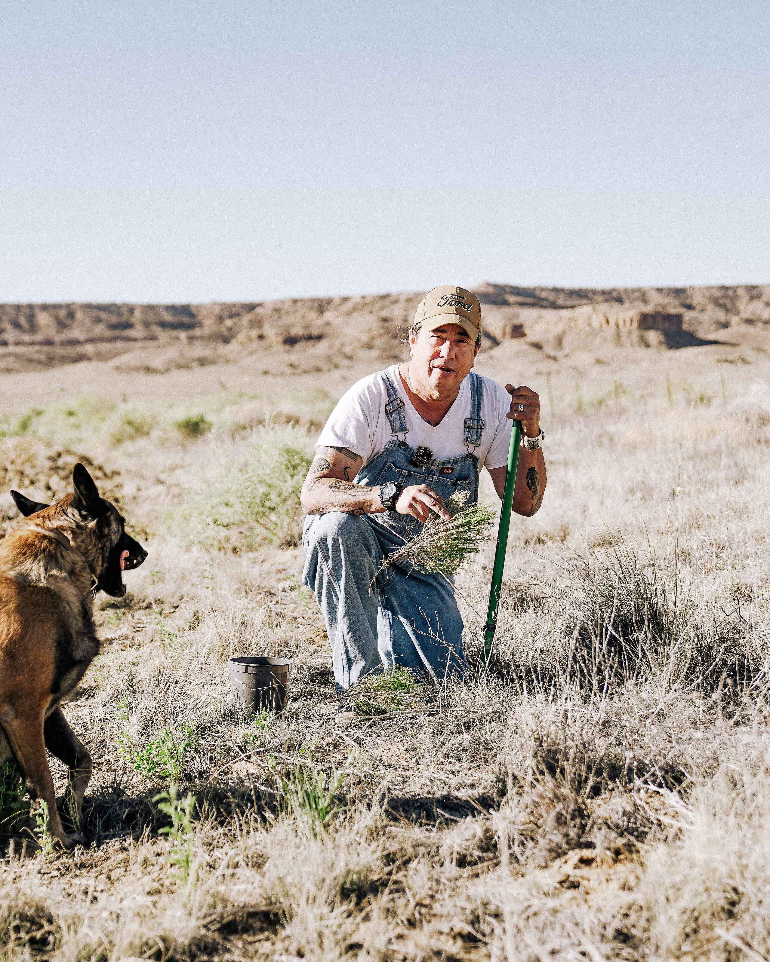 Dr. Michael Kotutwa Johnson demonstrates native plant restoration techniques on his regenerative farm in the arid Southwest