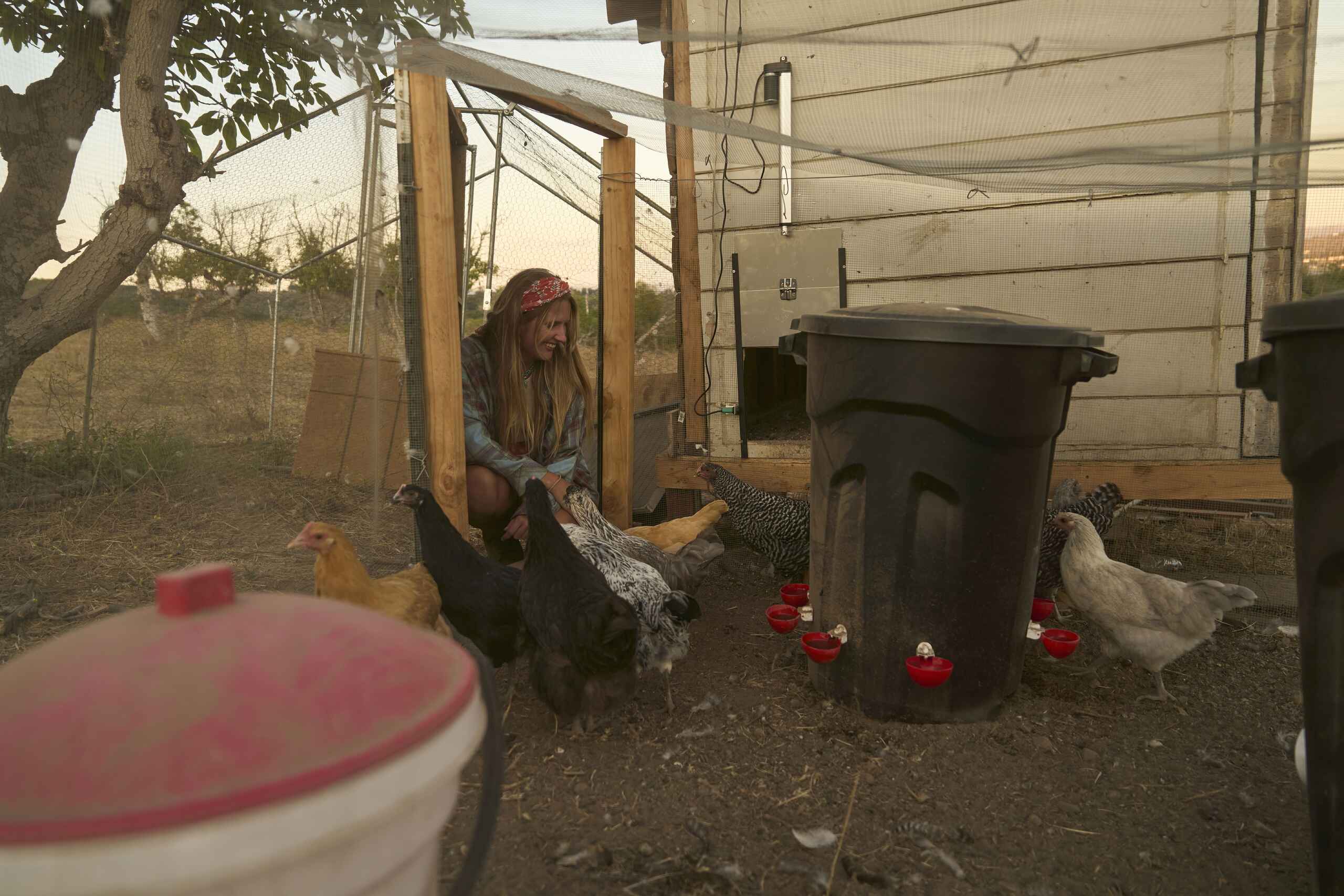 Farmer Gabby crouches among her chickens in a covered coop at Red Tail Farms