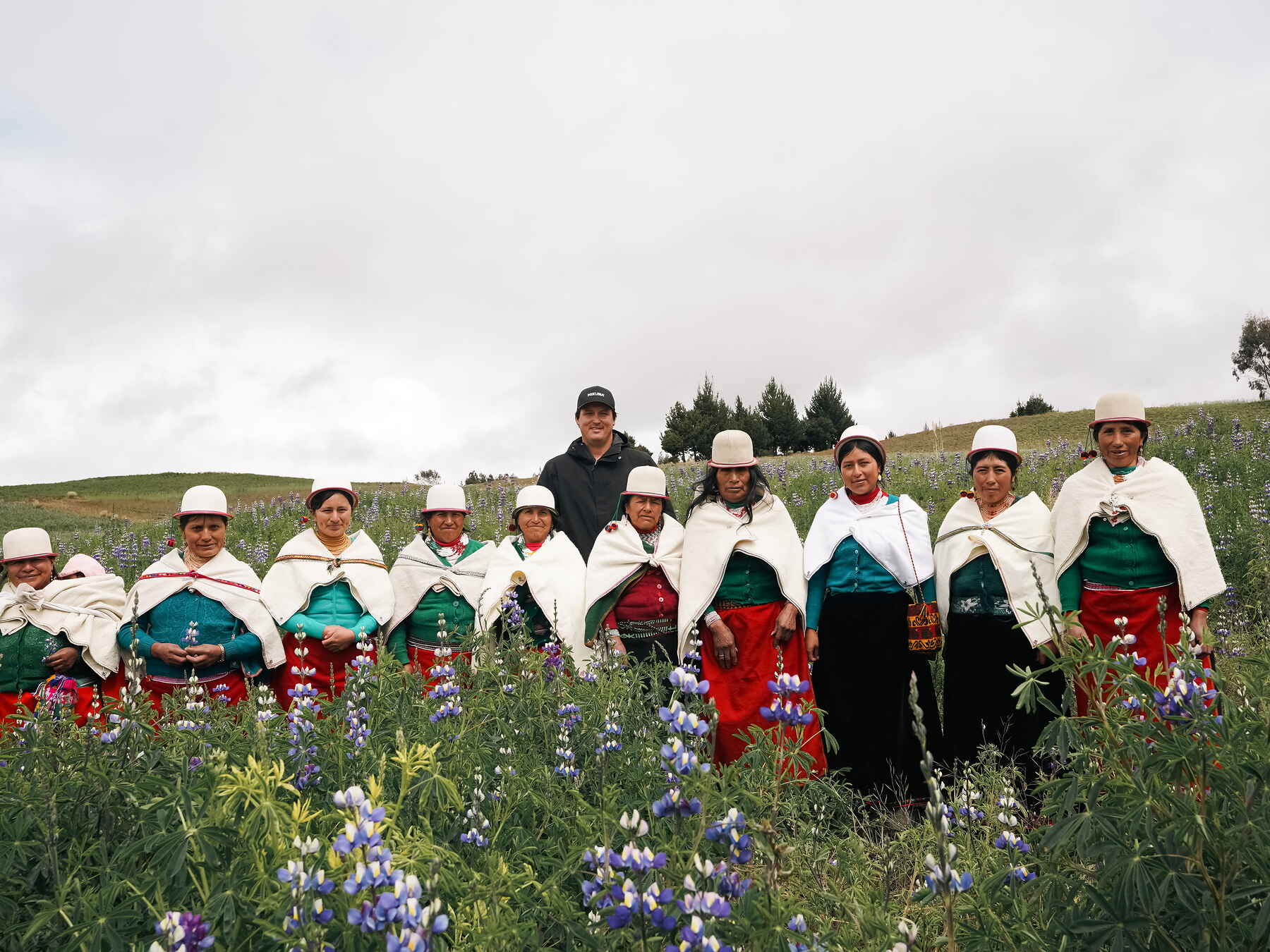 Mujeres agricultoras ind&iacute;genas con vestimenta tradicional andina se encuentran juntas en un campo de altramuces en flor en Ecuador