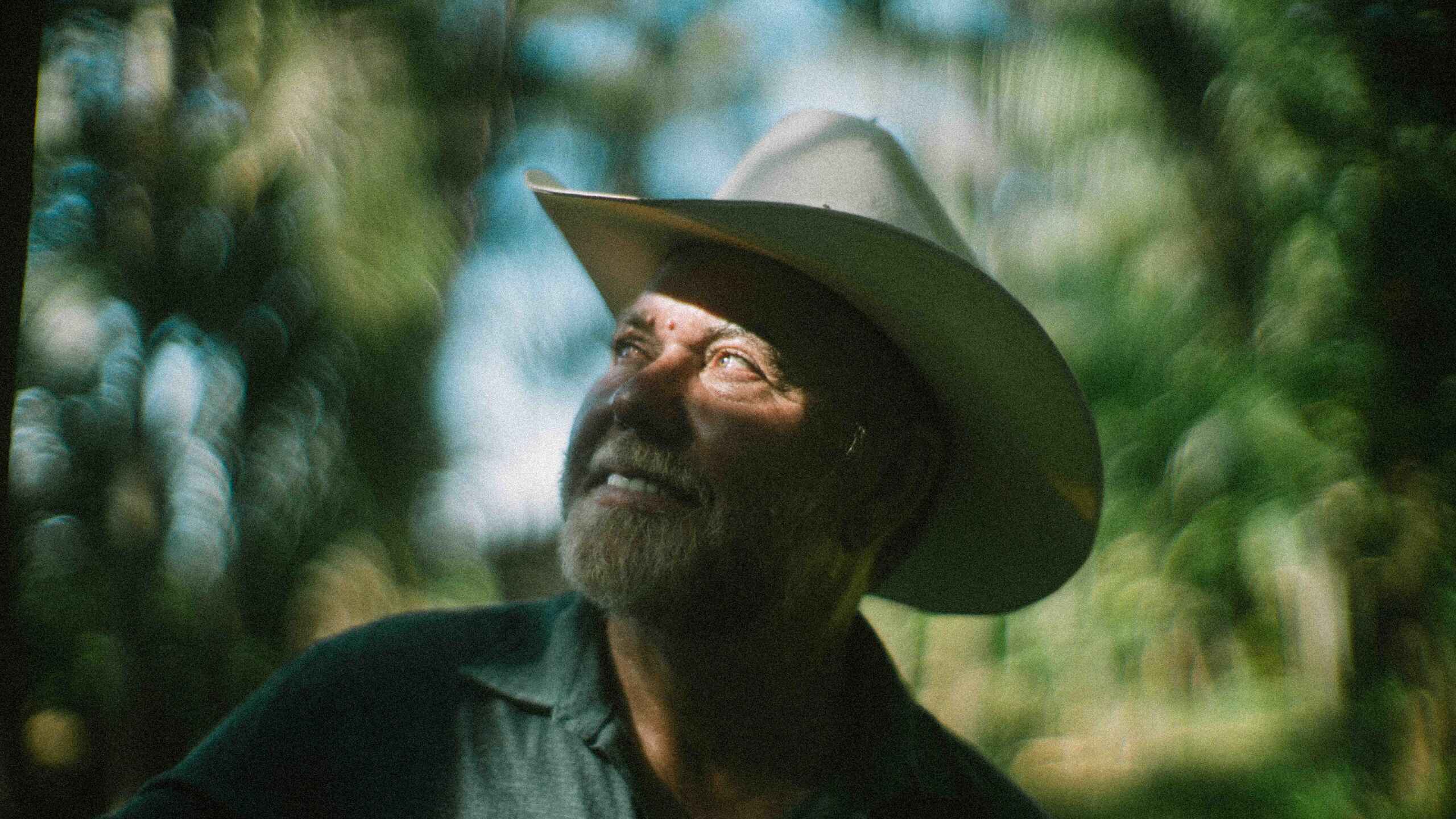 Farmer in cowboy hat looking upward among lush green foliage