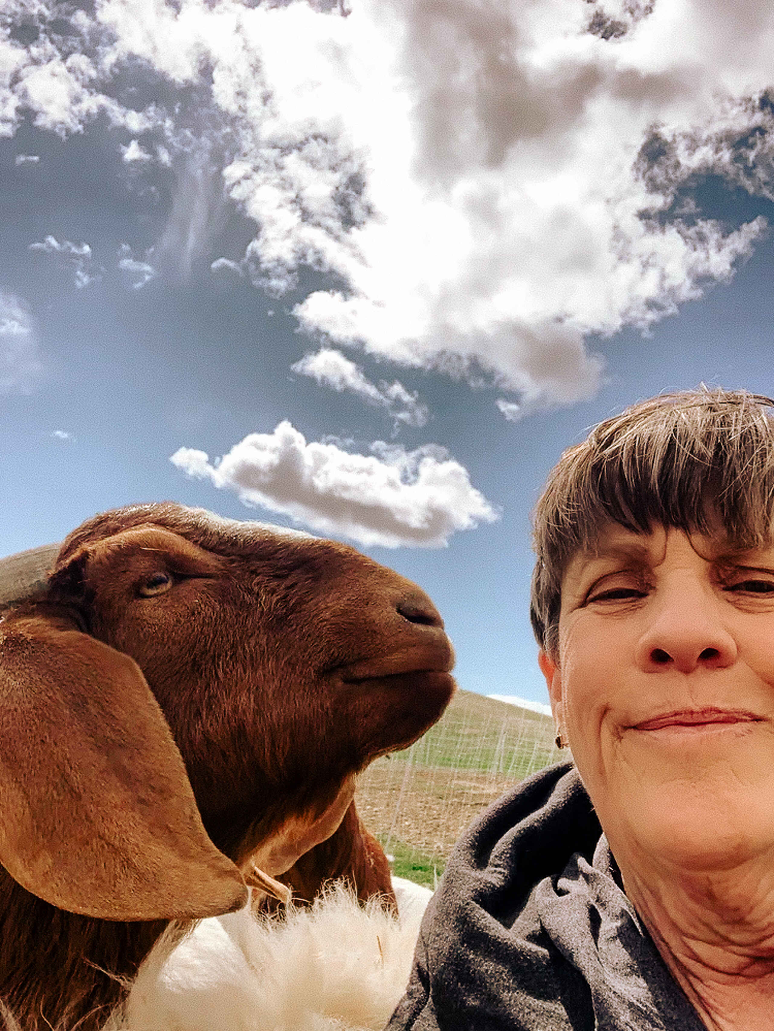 Woman and brown goat smiling together under a blue sky with white clouds