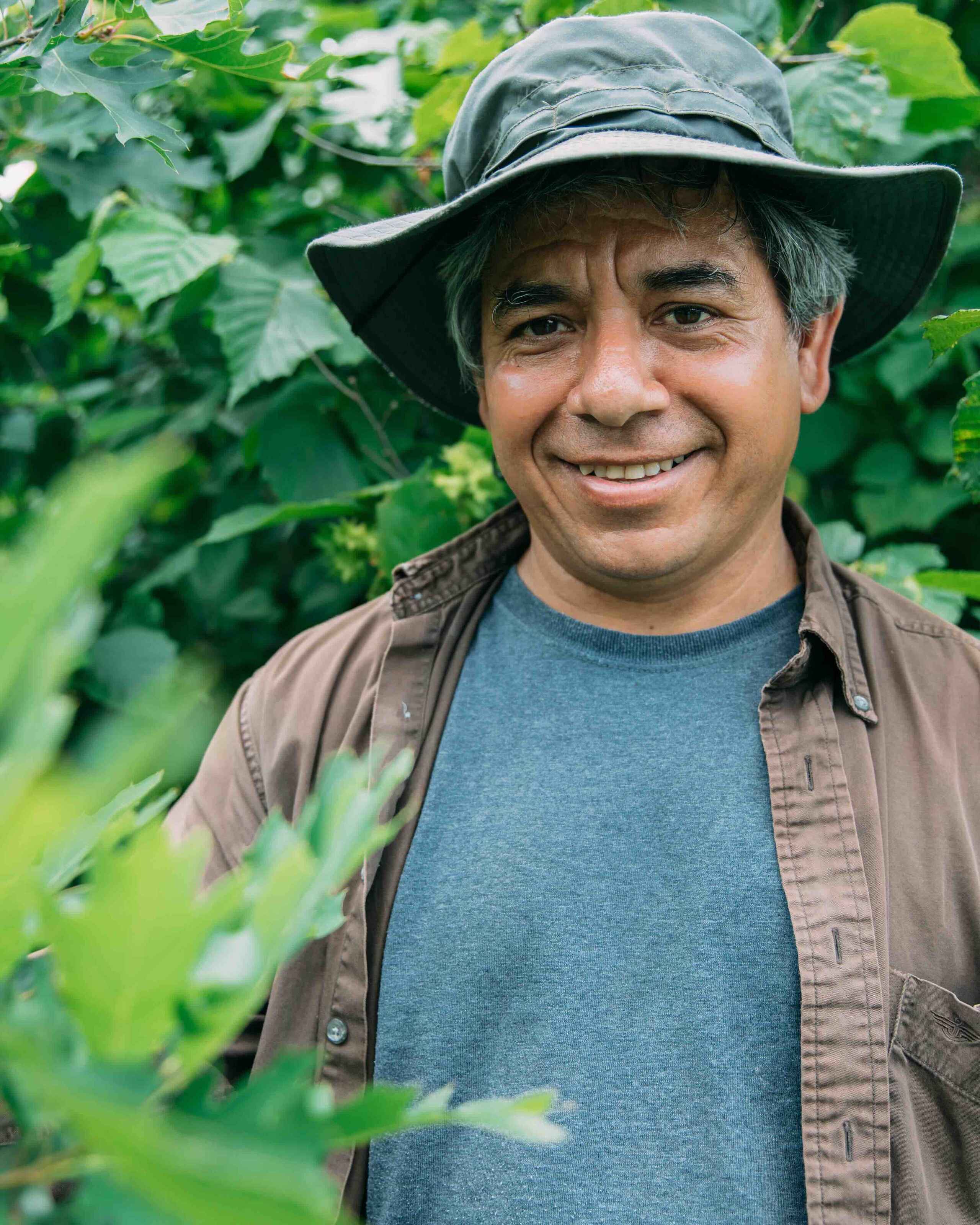 Man smiling in a vegetable garden surrounded by green plants and leafy crops