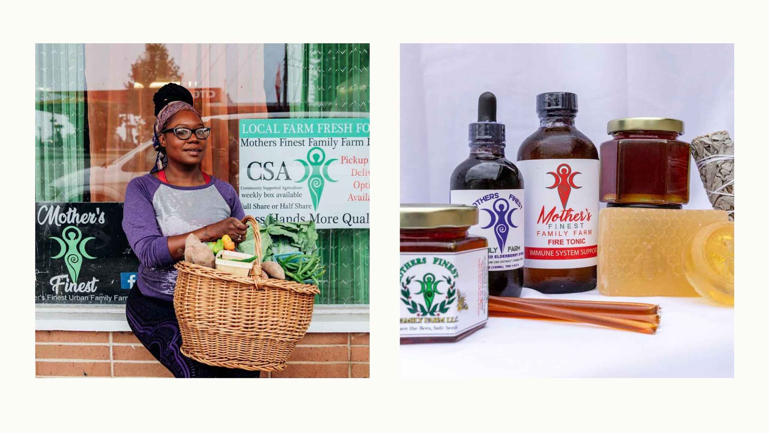 Samantha Foxx holding a basket of fresh produce outside Mother's Finest Family Farm, and bottles of Mother's Finest herbal tonic products