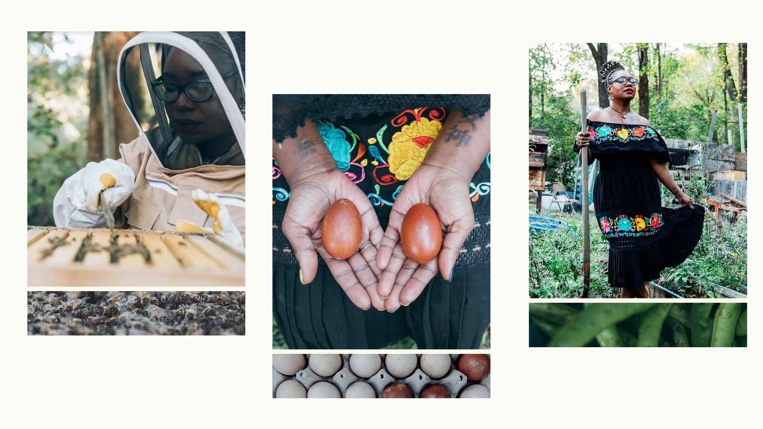 Samantha Foxx demonstrates sustainable farming practices including beekeeping, egg production, and traditional agricultural methods in her community garden