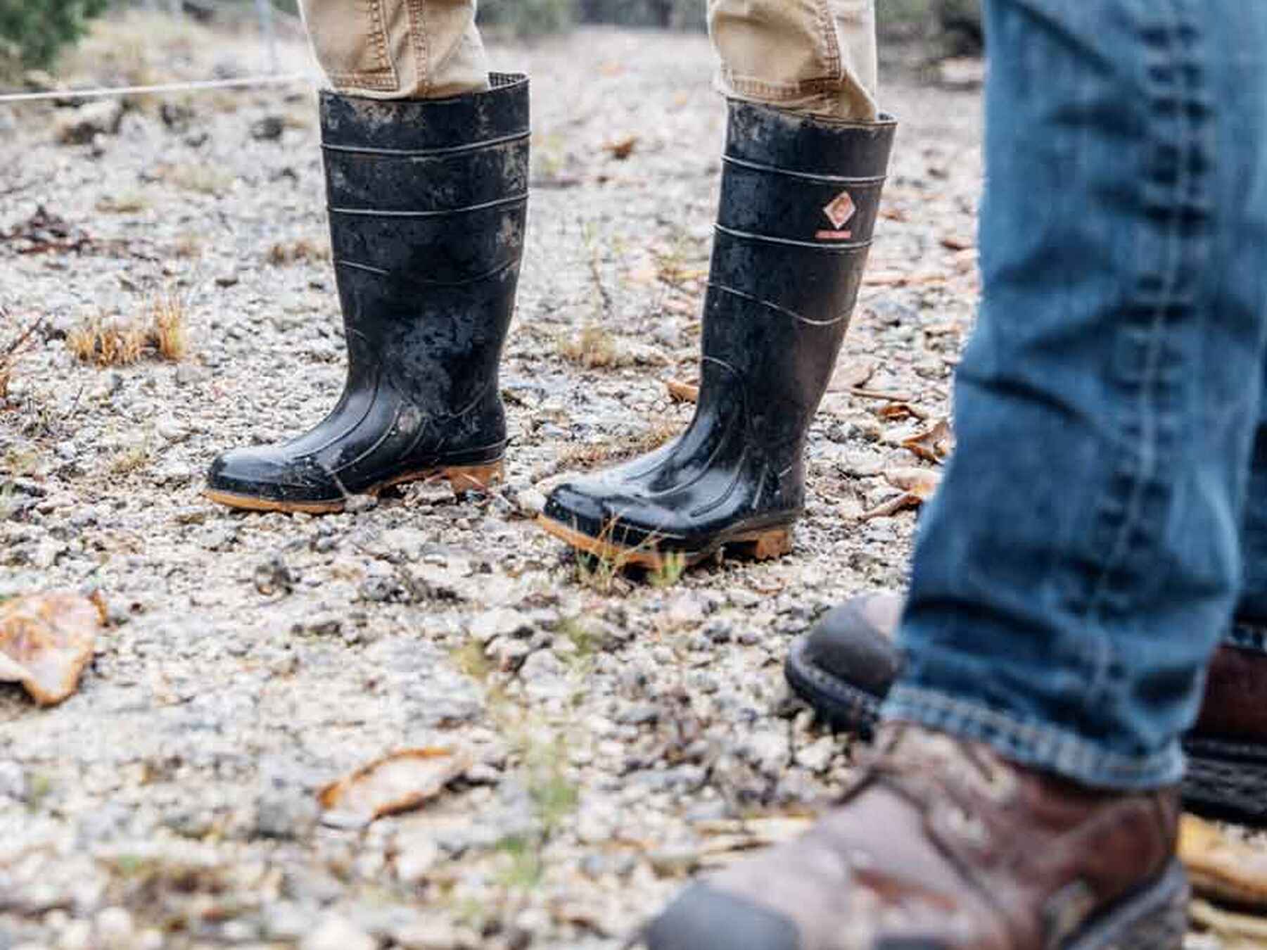 Three people wearing different types of footwear stand on gravel ground during an outdoor farm visit
