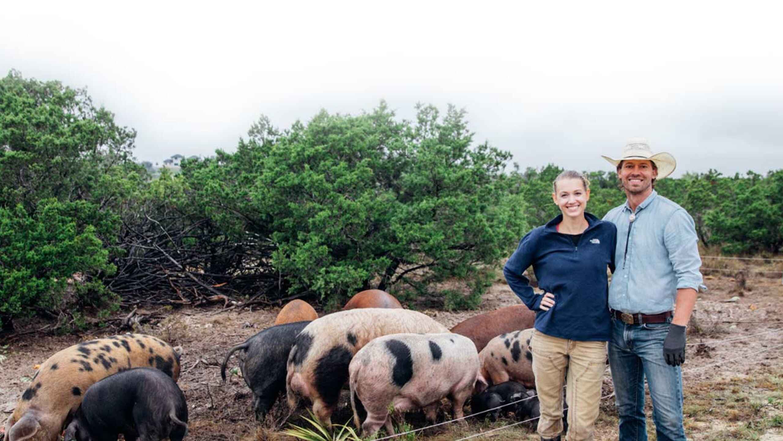 Tina and Orion Weldon stand together in their pasture with heritage breed pigs grazing around them