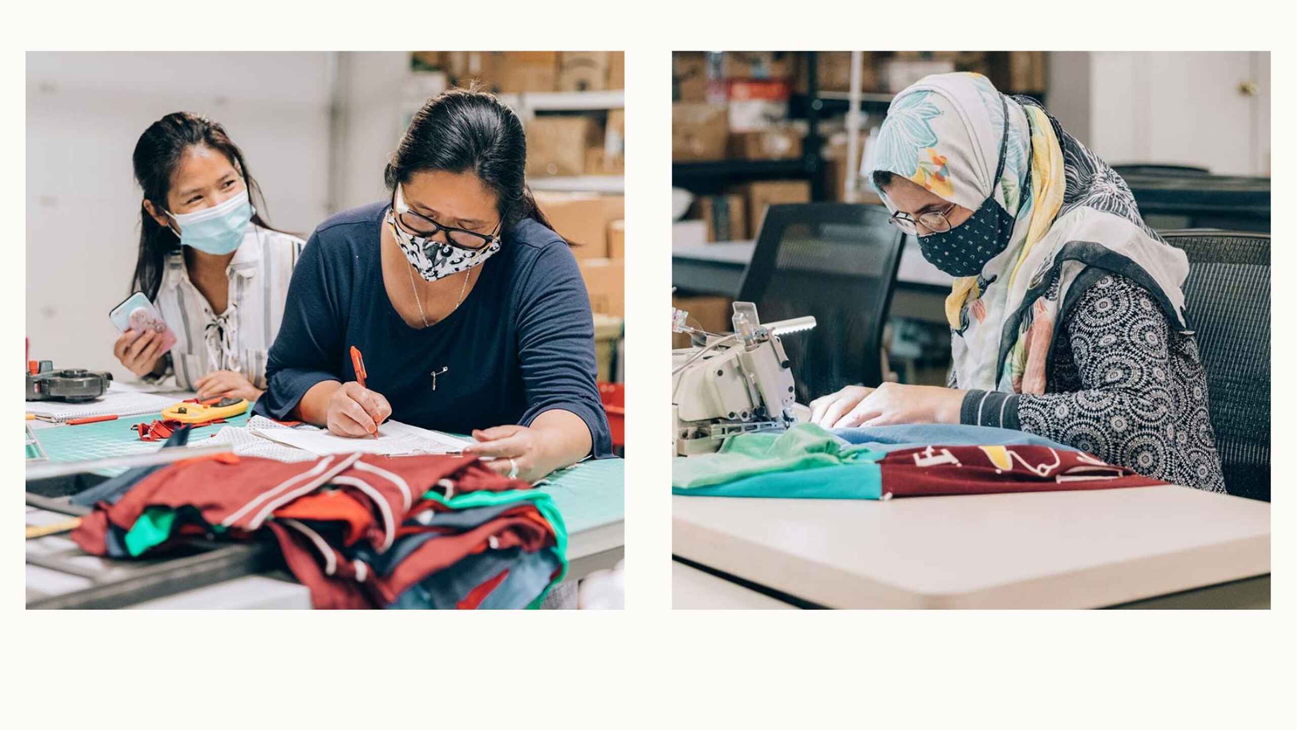 Two women working on textile design and production in a workshop setting